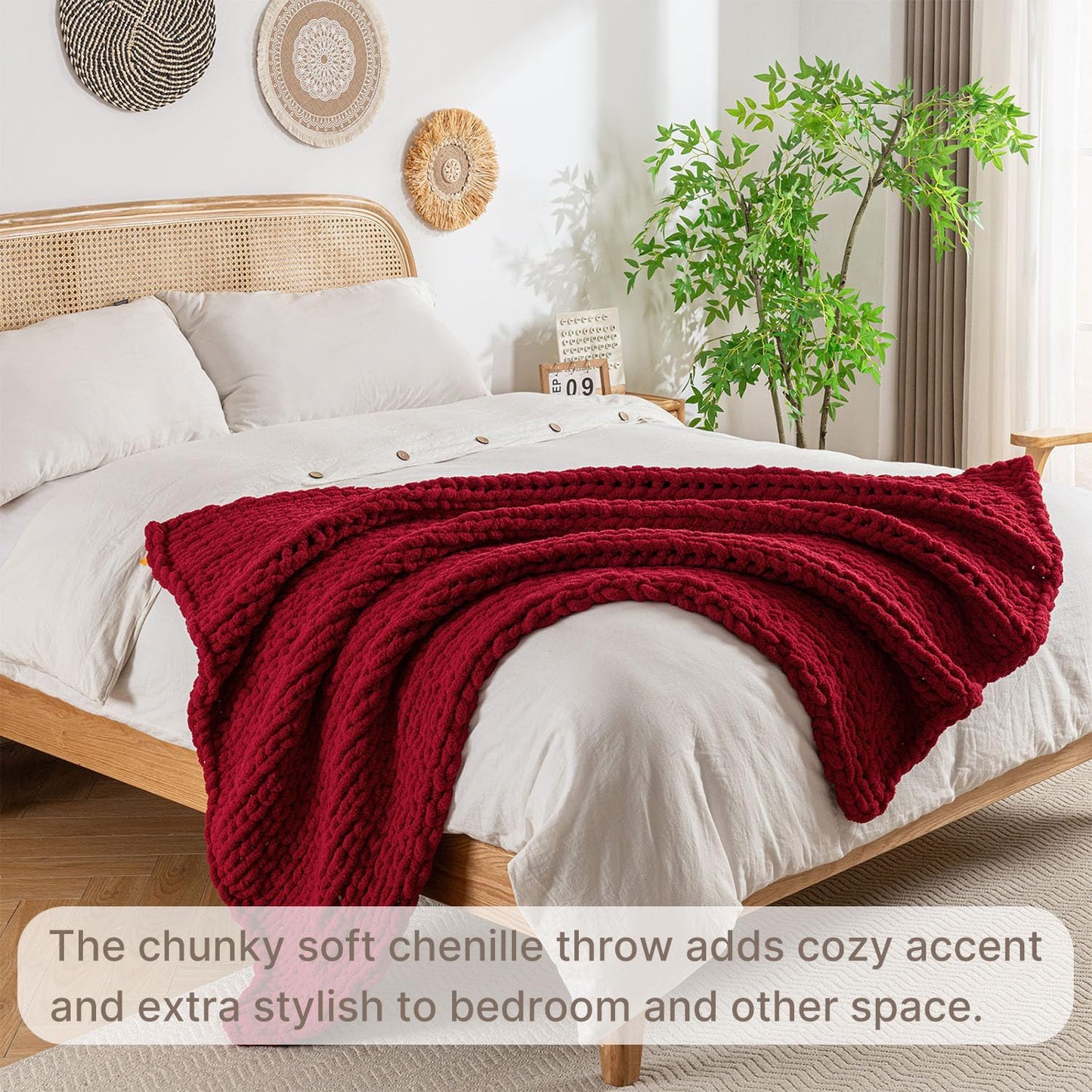 Chunky Knit Blanket Throw, 100% Hand Knit Throw Blanket Handmade Chenille Cable Knit Throw for Couch, Stylish Cozy Soft Rope Knot Crochet Blanket for Home Decor, Red, 50x60 Inches