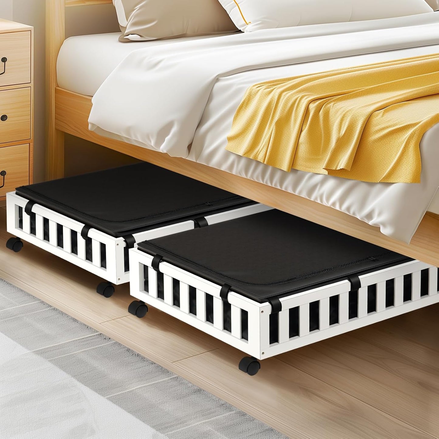2 Pack Bamboo Under Bed Storage with Wheels, 39”x20”x7.8” Lager Under Bed Storage Containers (White)
