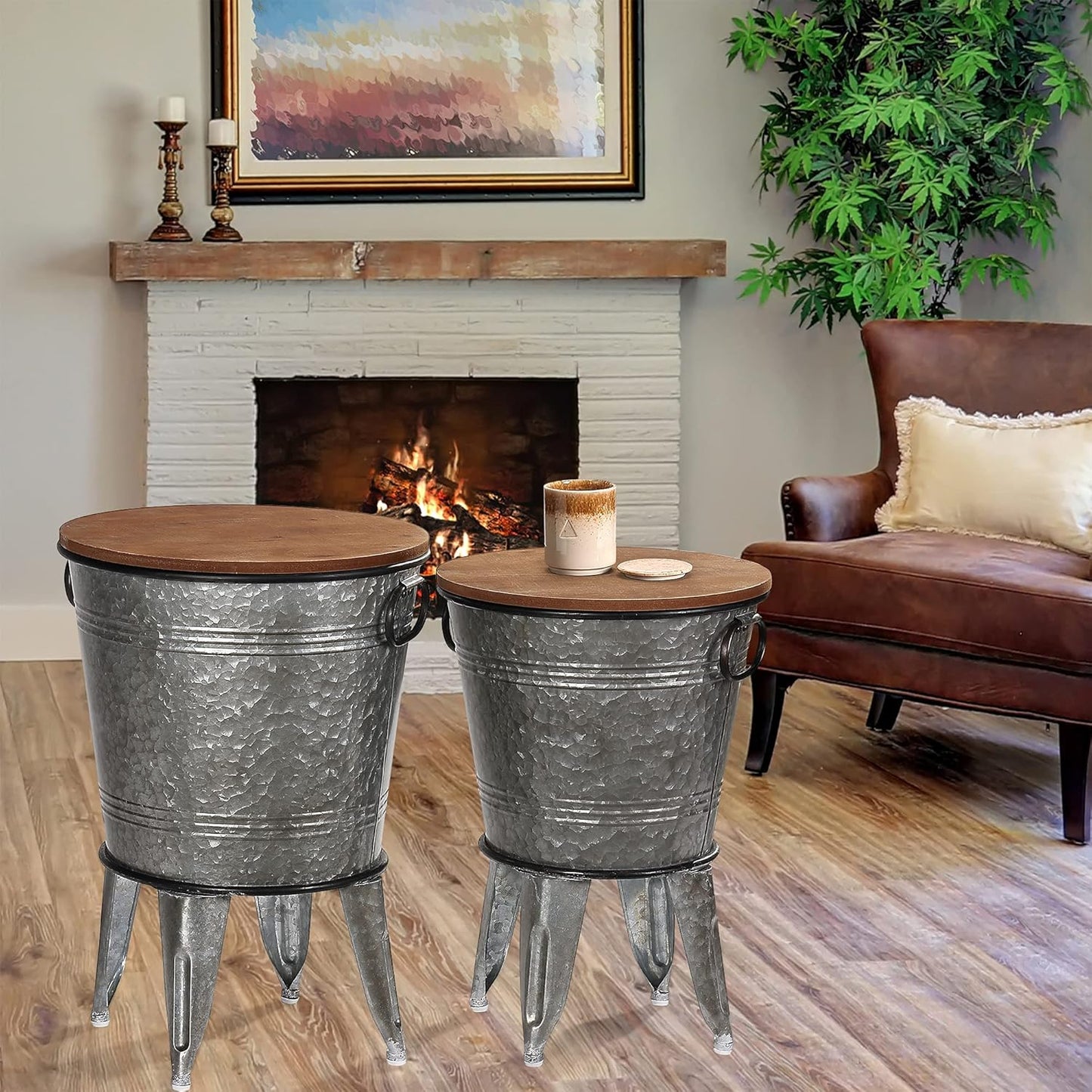 Rustee Rustic Storage Farmhouse Accent Side Table,Antique Galvanized Metal End Coffee Cocktail Table Box Bin with Round Wooden Lid Set of 2 (Galvanized),HC2009WT,One size