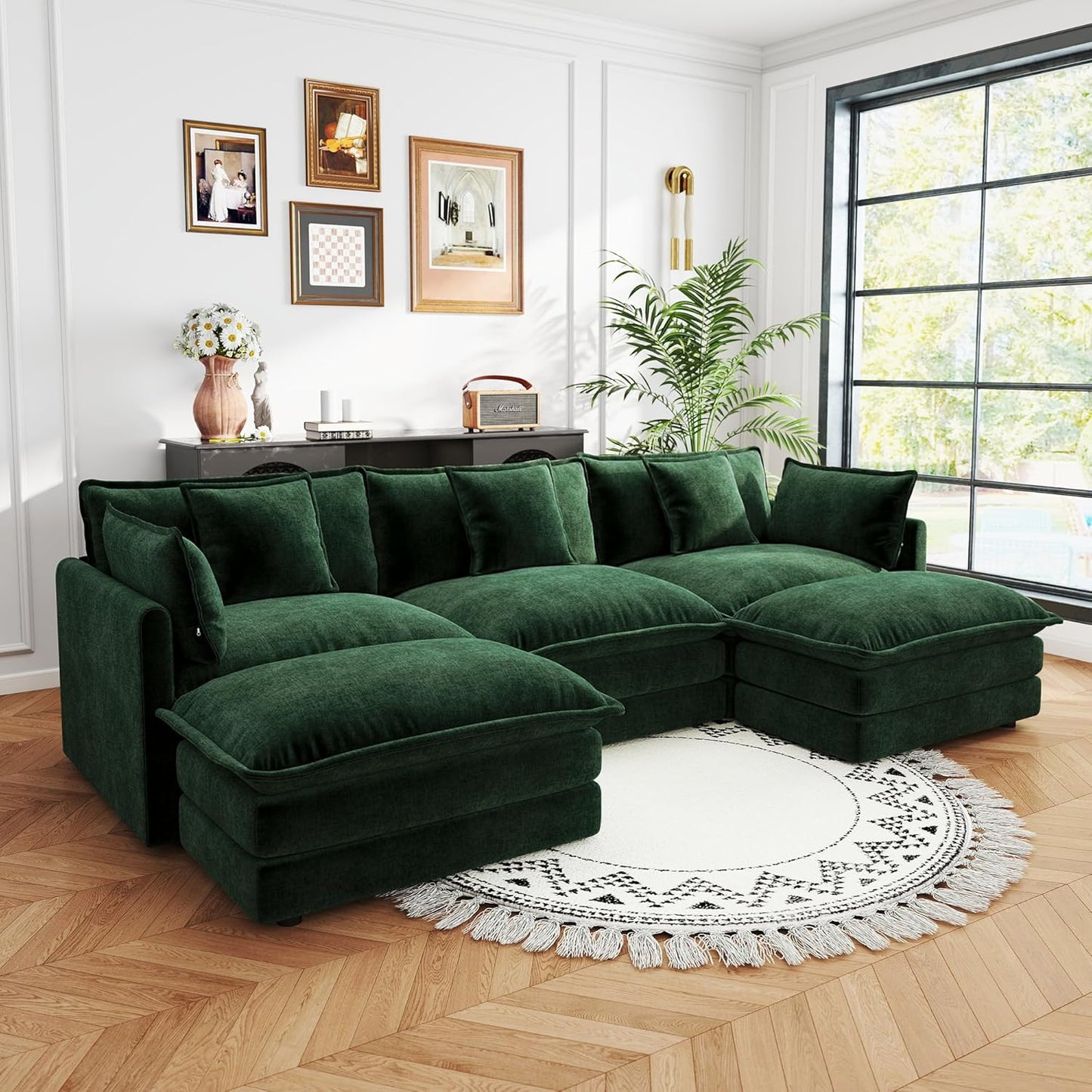 Sectional Sofa 3 Seater with Movable 2 Ottomans,Oversized Modular Couch Deep Seat (Green, 111.5 inch-U)