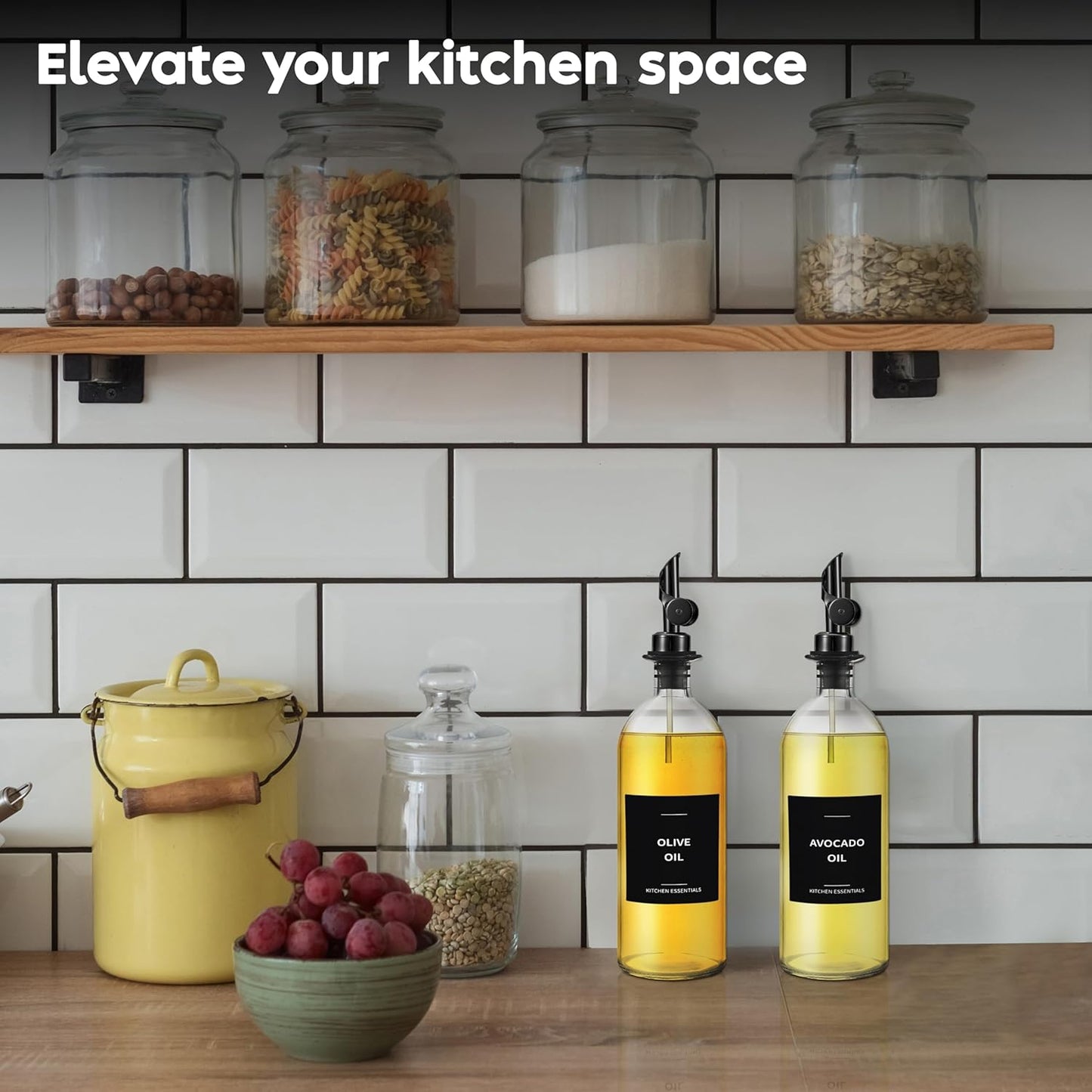 Olive Oil Dispenser Bottle - Includes 55 Kitchen Essential Labels - Cooking Oil Bottles for Kitchen, Coffee Syrup Dispenser - Pourer Spout with 16.9 fl oz Glass Container Cruet - 2pcs, Black