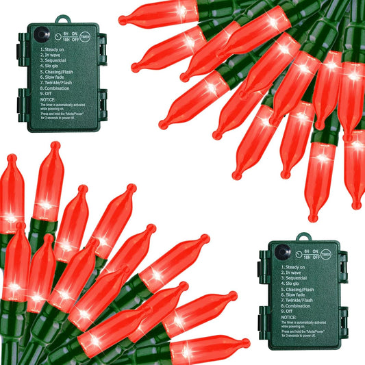 Battery Operated Red String Lights, 2 Pack 18 Feet 50 LED Clear Mini String Lights with 8 Modes Waterproof Tree Lights for Xmas Outdoor Indoor Holiday Party Garden Decor