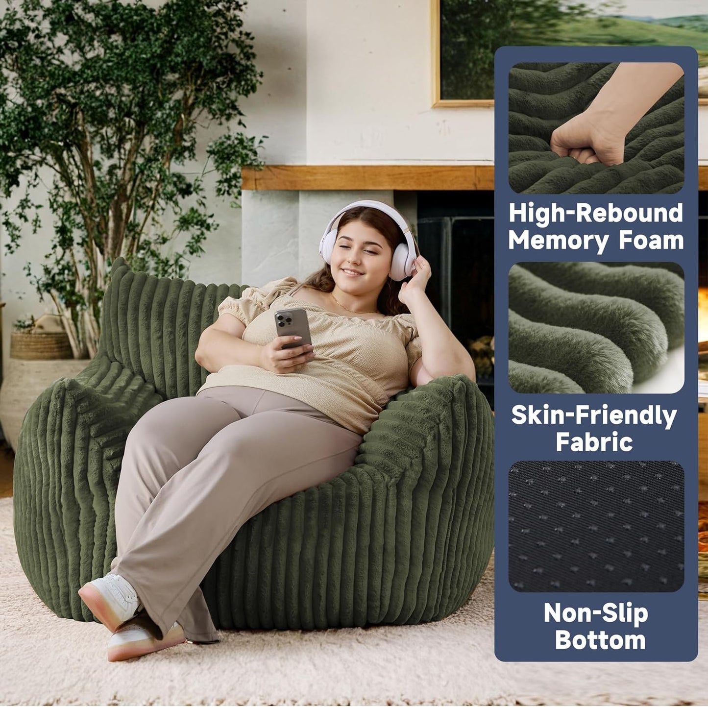 Oversized Bean Bag Chair for Adults, Giant Comfy Plush Boneless Bean Bag Couch with Filler for Kids - Reading Chair for Living Room, Bedroom & Dorm, Single Accent Chair Floor Lounger, Green