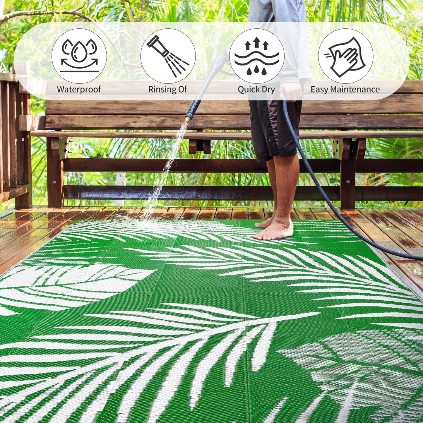 Waterproof Outdoor Rug 6x9ft, Green Leaf Reversible Plastic Straw Mat for Patio RV Deck Porch Backyard Balcony Camping Picnic Beach Indoor Outdoor Carpet, Green&White