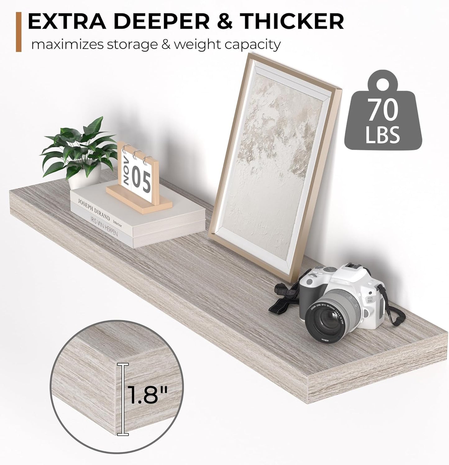 Floating Shelves - 10.3 Inch Deep Wall Shelf for Decor & Storage - Wall Mounted Display Shelving with Invisible Heavy-Duty Metal Bracket - 36" W x 10.3" D x 1.8" H - Set of 1 - Rustic Grey