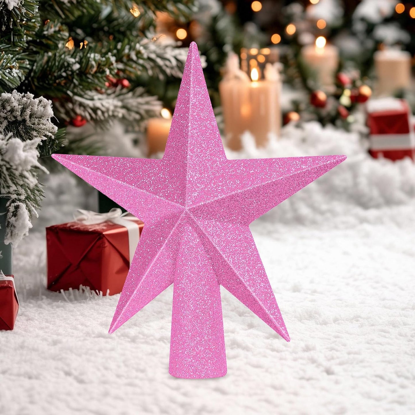 Christmas Tree Decoration, 6" Pink Christmas Tree Topper Star Accessories, Xmas Glitter 3D Bethlehem Tree Ornament, Waterproof Holiday Christmas Tree Topper Star Decorations for Home Indoor Outdoor