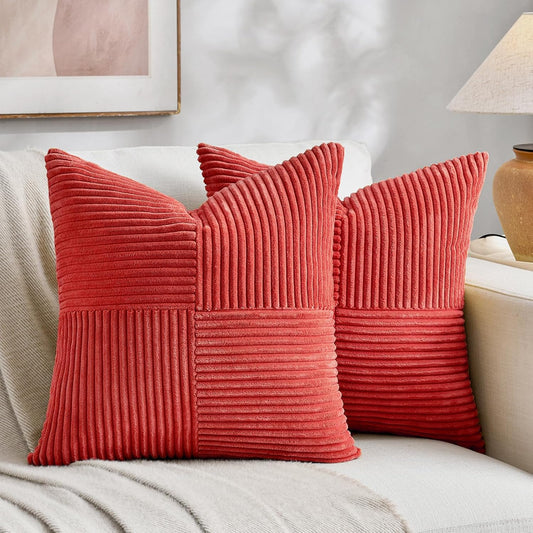 Fancy Homi 2 Packs Red Big Decorative Throw Pillow Covers 24x24 Inch for Couch Bed Sofa, Holiday Christmas Home Decor Gift, Soft Corss Corduroy Patchwork Accent Square Cushion Case 60x60 cm