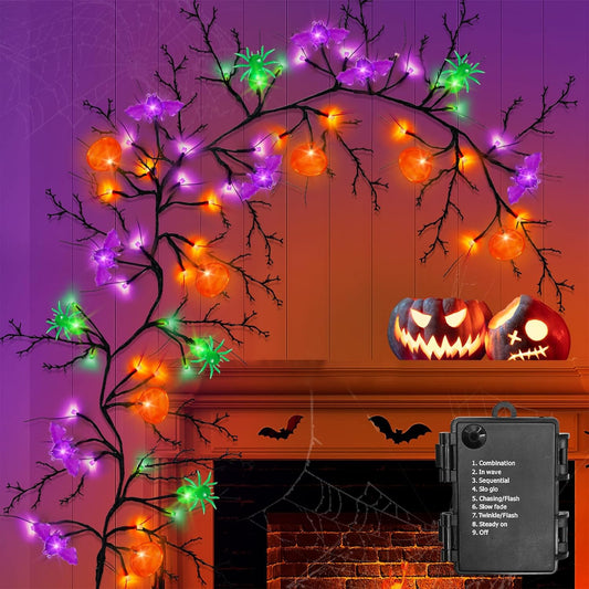[8 Modes & Timer] 6 Ft Halloween Willow Vine Twig Decor Garland with Bats Pumpkins Spiders Lights, 54 LED Battery Operated Halloween Lights for Indoor Home Mantle Fireplace Decor