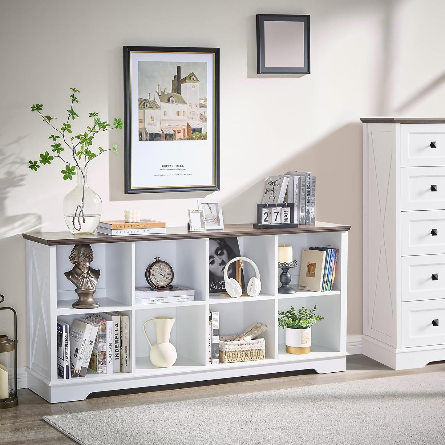 Farmhouse 8 Cube Bookshelf, White Storage Organizer Bookcase, Kids Toy Storage Cabinet, Long Bookshelves Storage Organizer Shelf, Wood Display Cabinet Book Shelves for Bedroom,Living Room,Office