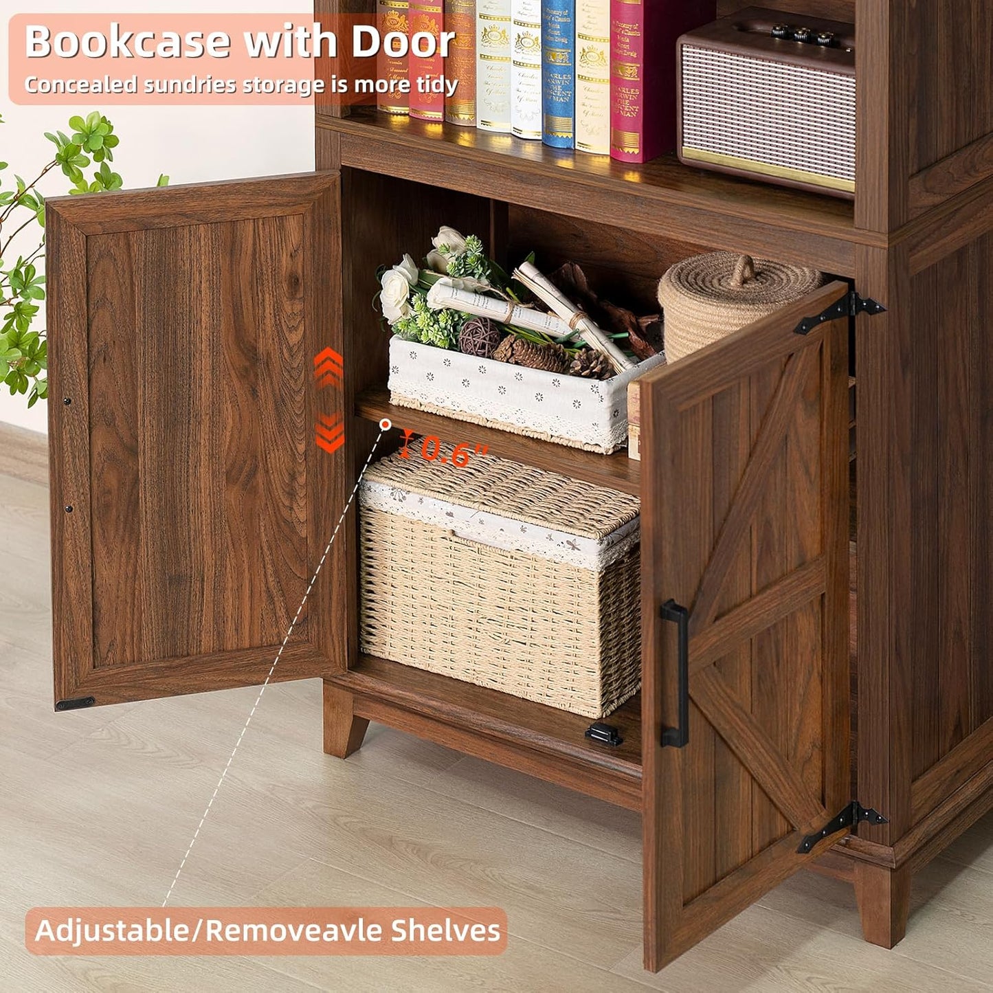 70in Tall Bookshelf 5 Tier Bookcase with Barn Doors and Adjustable Shelves, Brown Farmhouse Book Shelf with Storage Cabinet, Wood Freestanding Display Bookshelves for Bedroom, Kitchen (2PCS)