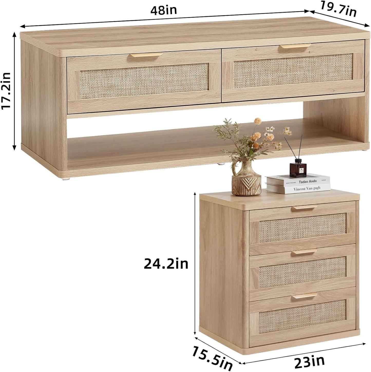 LEYAOYAO Boho Rattan Coffee Table and End Table Sets, 48" Wide Center Tables & 23" Night Stand with 3 Drawers, Natural Wood Coffee Table for Living Room 3 Piece Set