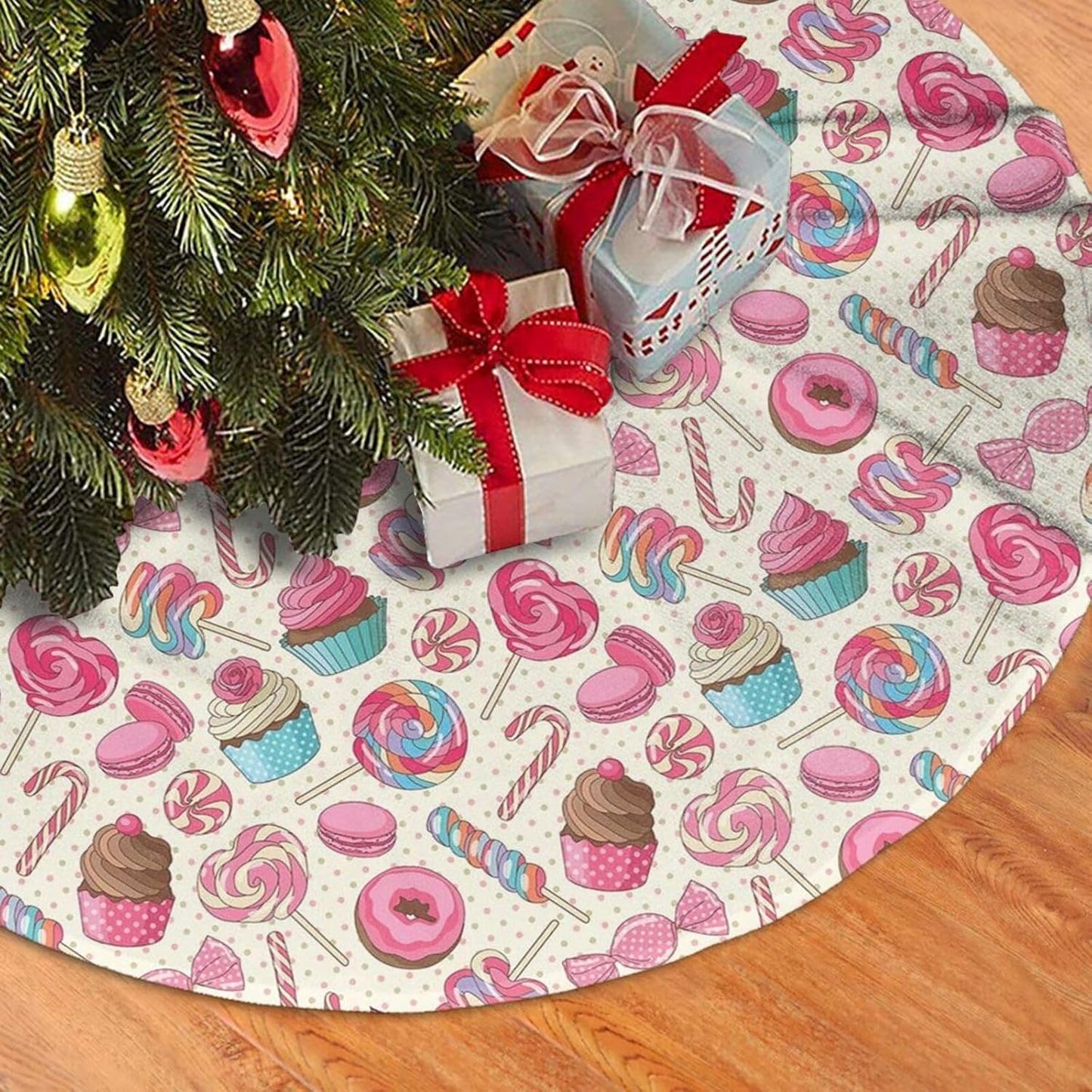 Christmas Tree Skirt,Sweet Lollipop Candy Macaroon Cupcake Donut Xmas Tree Skirt Rustic Farmhouse Tree Skirt for Christmas Decor Xmas Holiday Home Party Decorations30