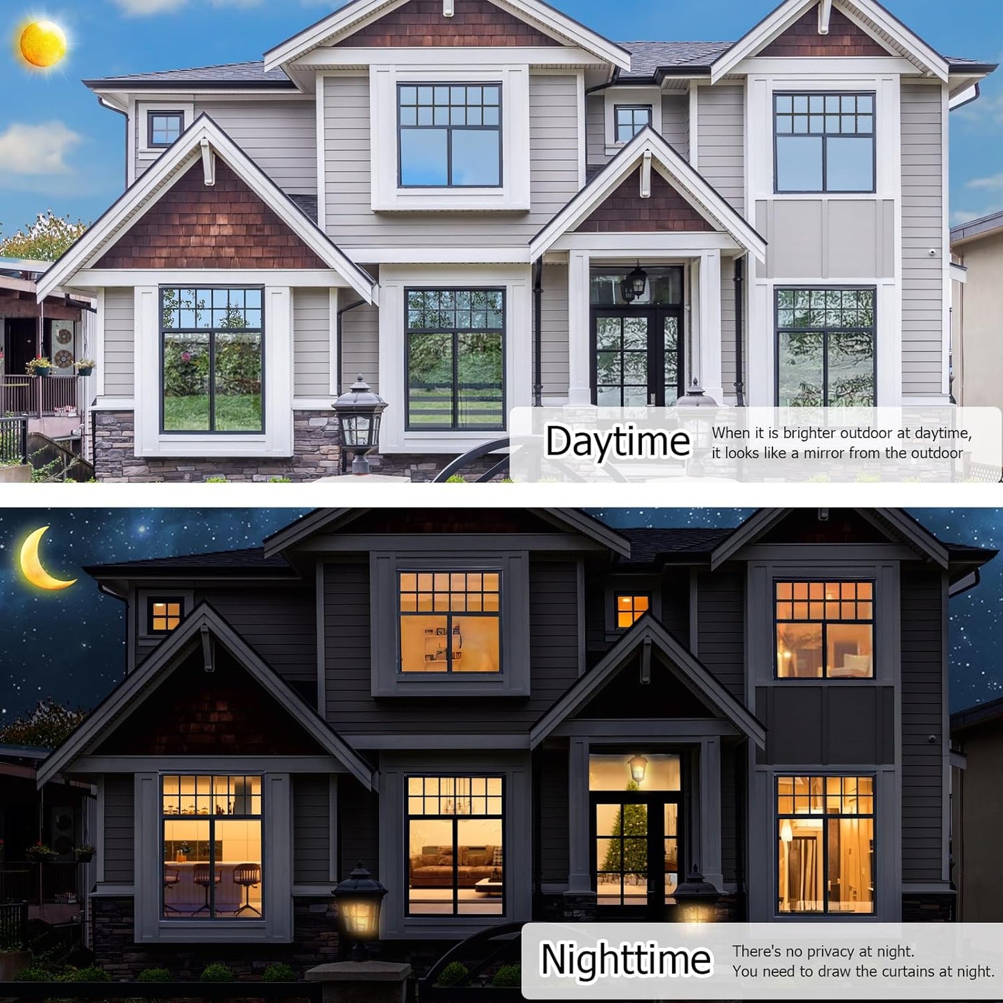 HIDBEA One Way Window Film, Daytime Privacy Sun Blocking Reflective Window Film No Glue Static Cling Heat Control Window Tinting Film for Home and Office, Black Silver, 17.35 x 196.8 Inch