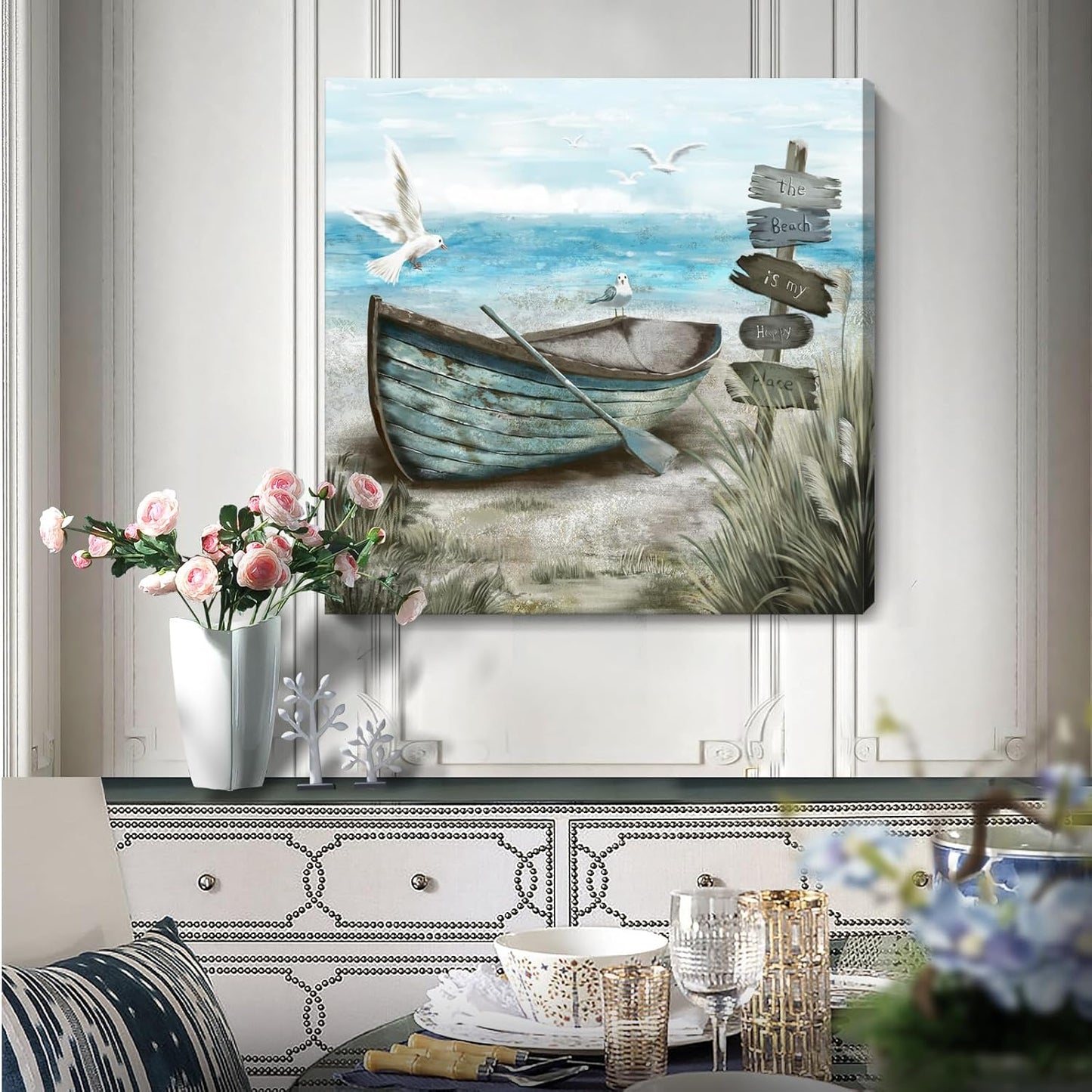 Canvas Wall Art Beach Décor Wall Picture Rustic Coastal Sand Canvas Print Ocean Nautical Painting Seascape Sea Bird Vintage Ship Boat Artwork for Seaside Living Room Bedroom Bathroom Decor Blue Large