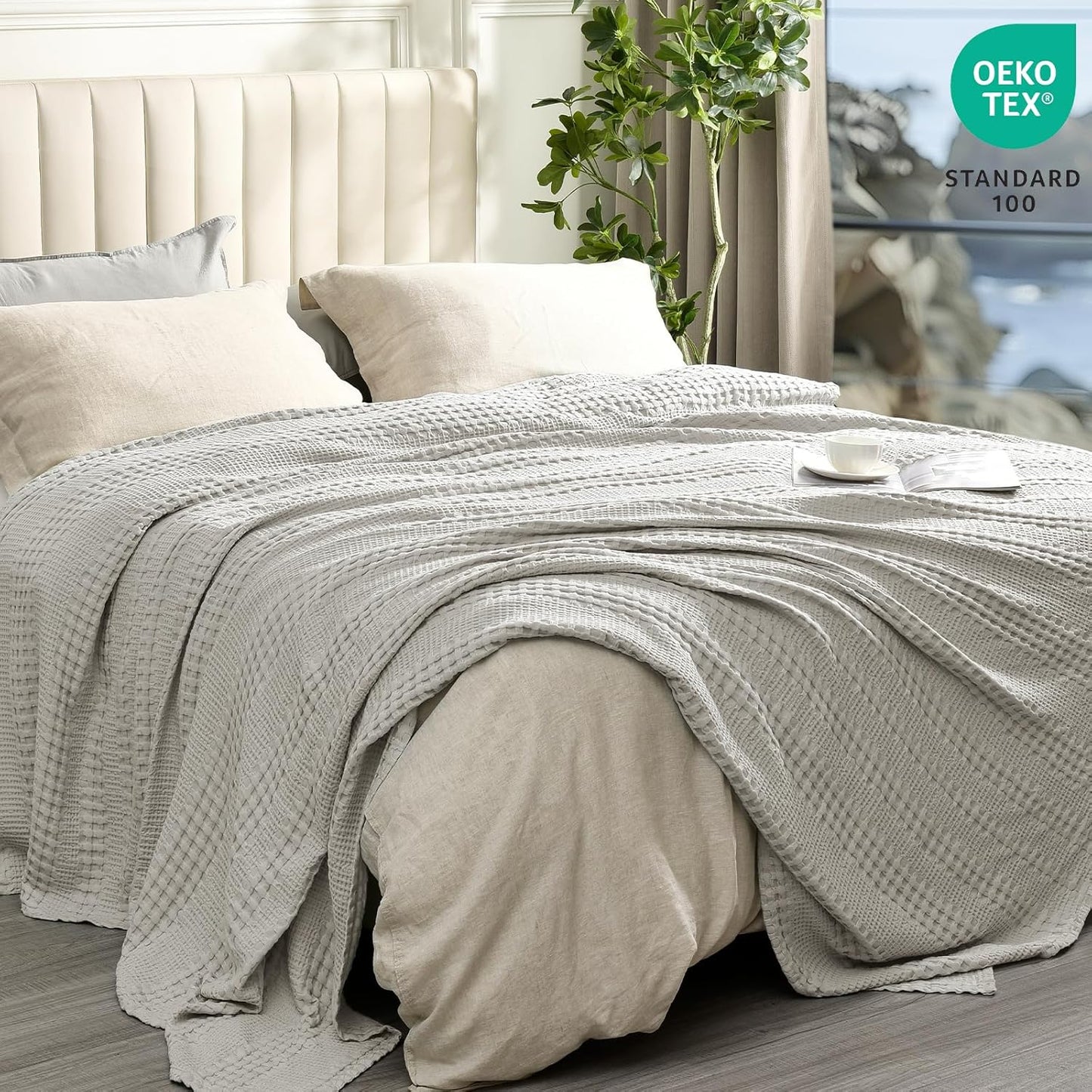 PHF Cooling Waffle Blanket King Size, Lightweight 60% Rayon Derived from Bamboo & 40% Cotton Breathable Blanket for Hot Sleepers, Soft and Luxury for Bed Couch and Sofa, 104"x90", Grey