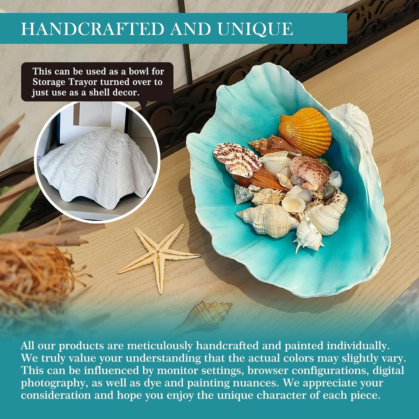 Large Turquoise-Aqua blue Sea Shells Decorative Bowl Resin Clam Shell Bowl Beach Decorations for Home Coastal Beach Decor Decoration Storage Bowls & Home Office Nautical Themed Party Decor -10.2-1PC