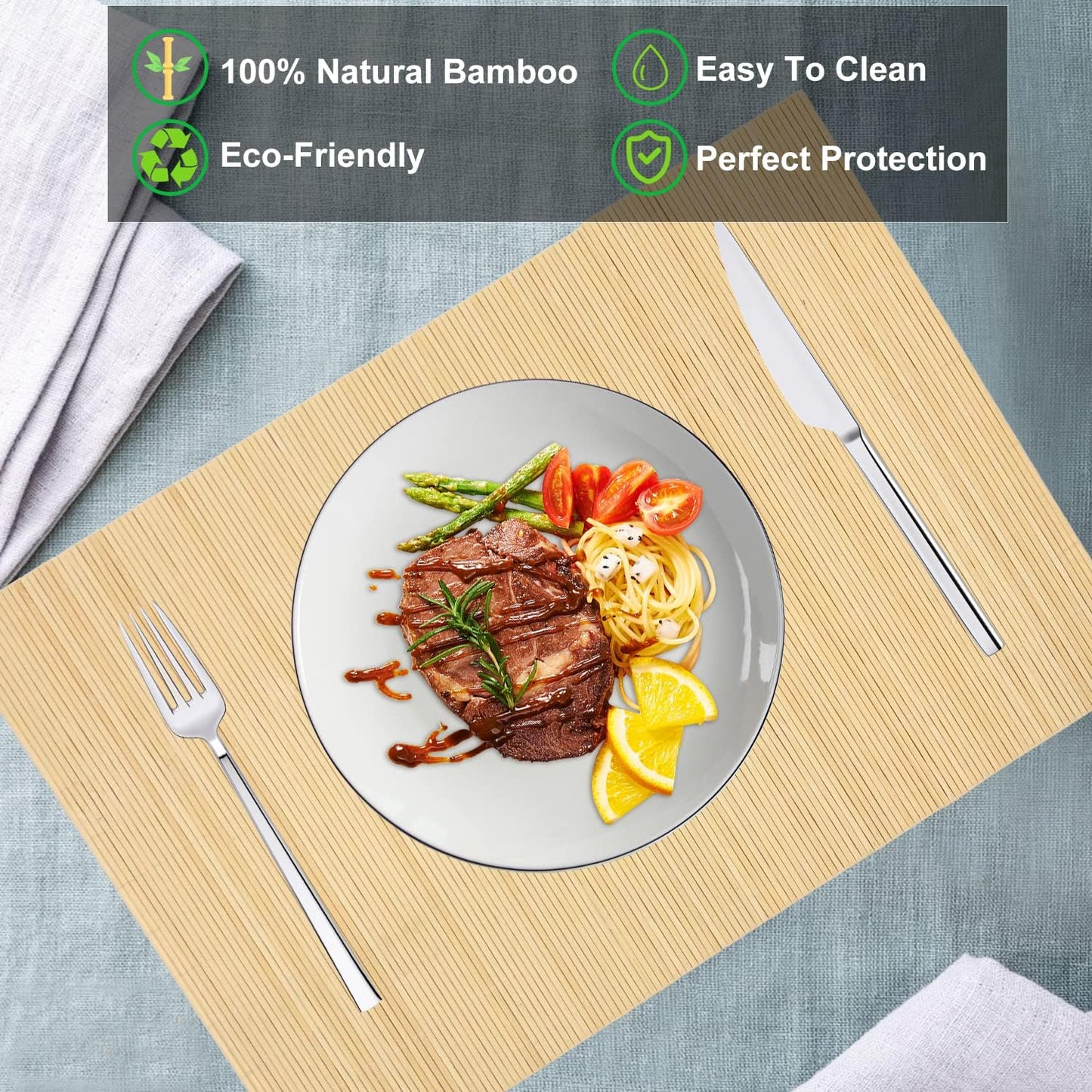 ANDSTAR Set of 12 Pcs Bamboo Placemats Sushi Rolling Mat Japanese Style Natural Anti-Slip Bamboo Placemats Washable Heat-Resistant Table Mats for Dining Room and Kitchen（ Natural Color）