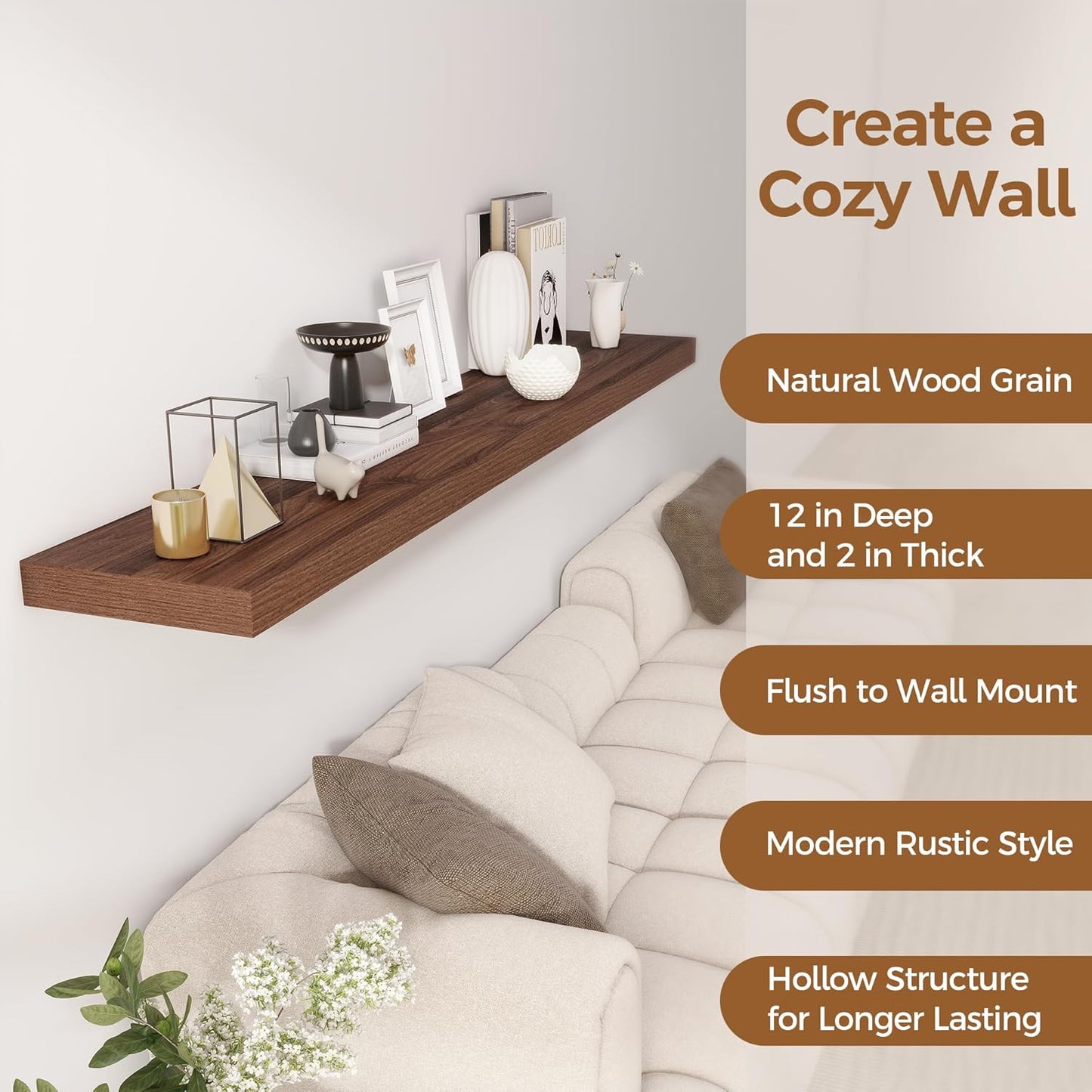 Fun Memories 72 Inch Floating Shelf, 12 Inch Deep Wall Shelf for Fireplace Mantel, Deep Storage Shelves for Home & Office, Wall Shelves with Invisible Bracket, Walnut, Set of 1