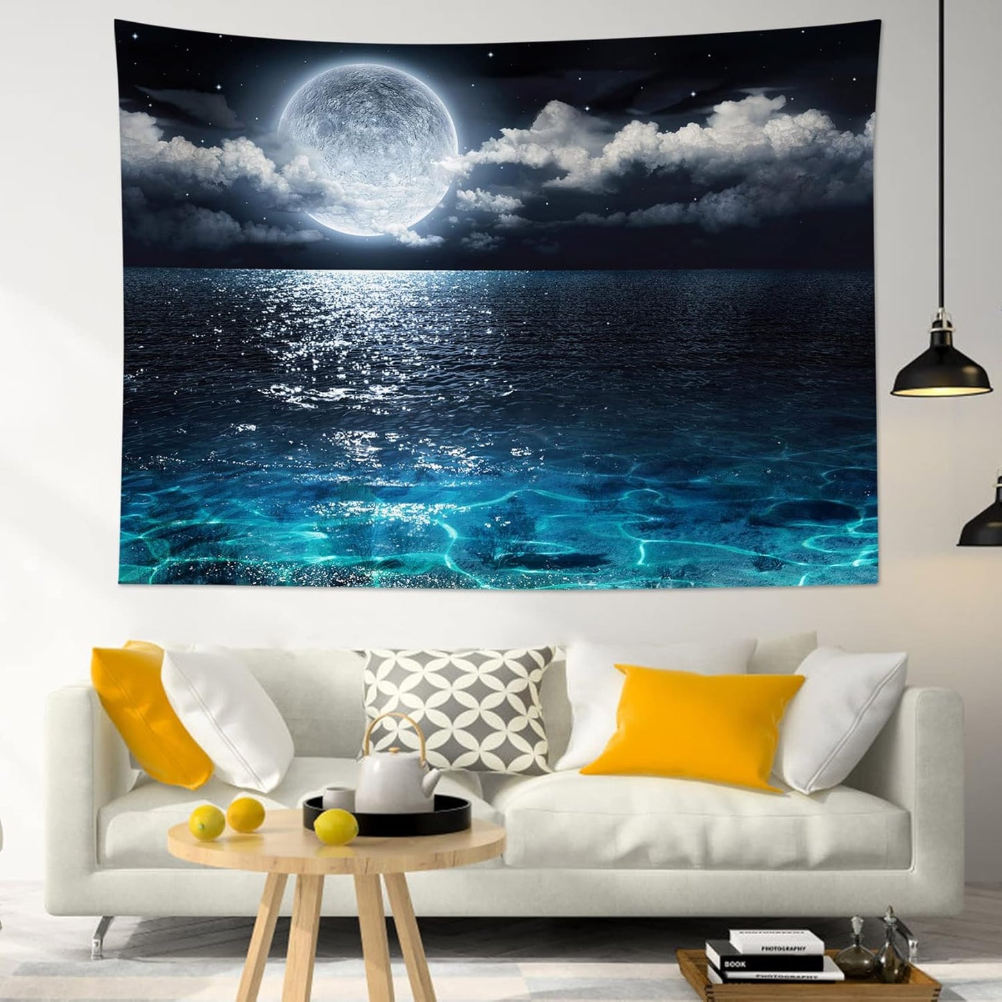 LB Night Sky Ocean Tapestry Full Moon on Sea Tapestry Wall Hanging Fantasy White Cloud Watercolor Wall Art for Bedroom Living Room Dorm Wall Decor, 59Wx51H inches