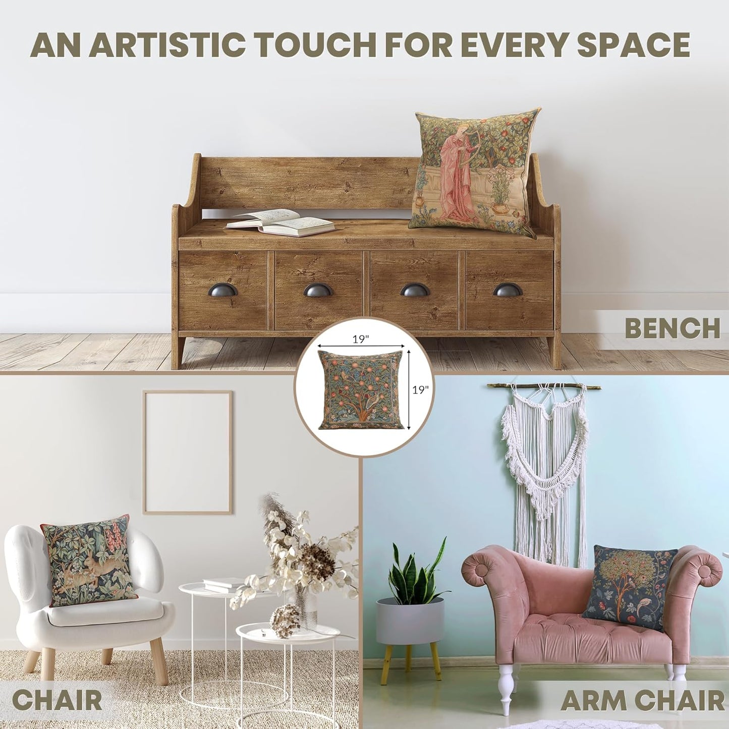 Charlotte Home Furnishings Decorative Tapestry Pillow Cover 19x19 in, Green Woodpecker Couch Pillow Cover, French Country Square Cushion Cases for Living Room Home Decor, Soft Cotton Jacquard Woven