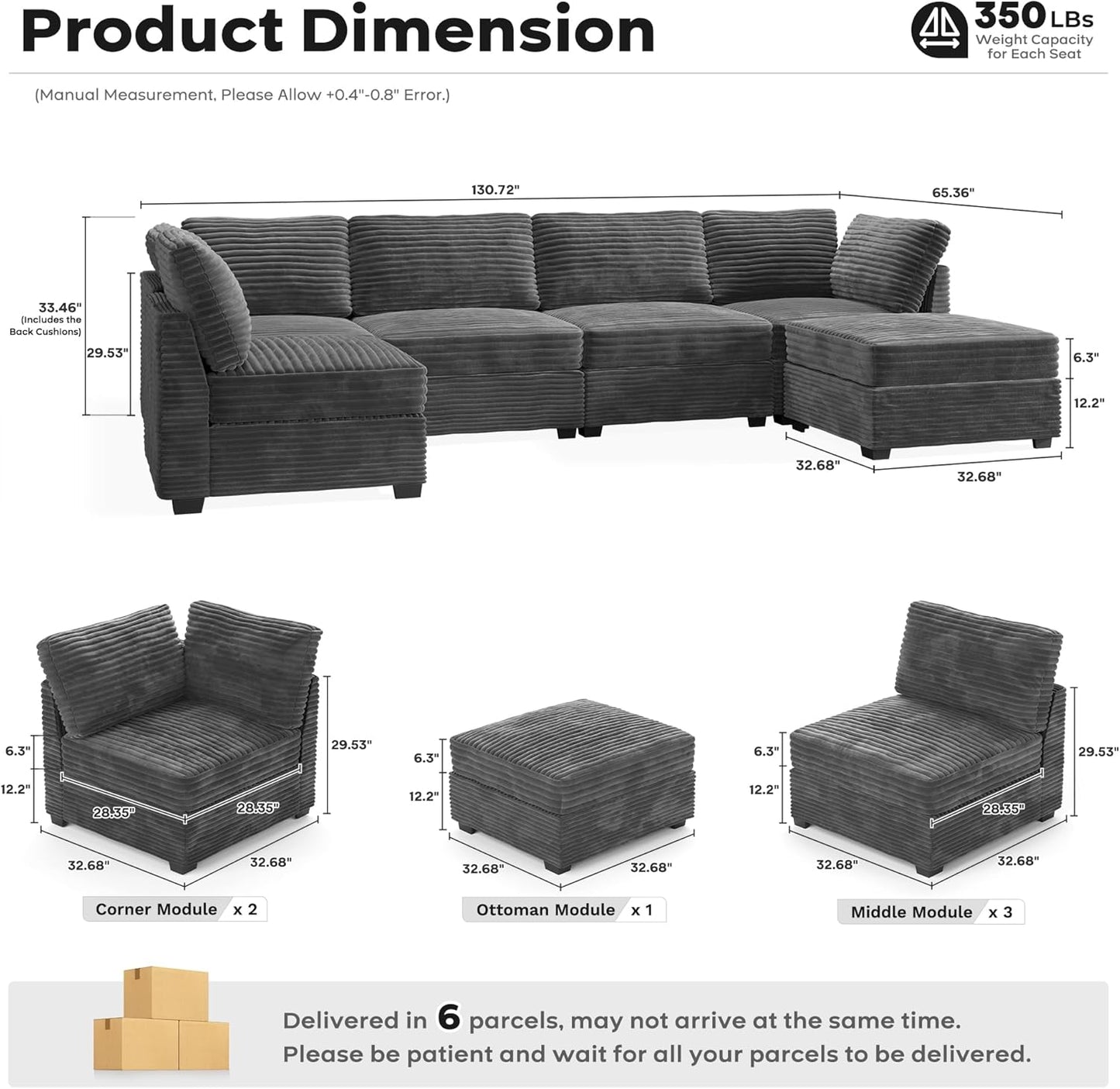 ovios Sectional Sofa Couch with U-Shape Chaise Sofa Bed, Comfy Modular Cloud Couches with Deep Seat, Modern Upholstered Plush Corduroy Sofas Set for Living Room, 6-Seater, Grey