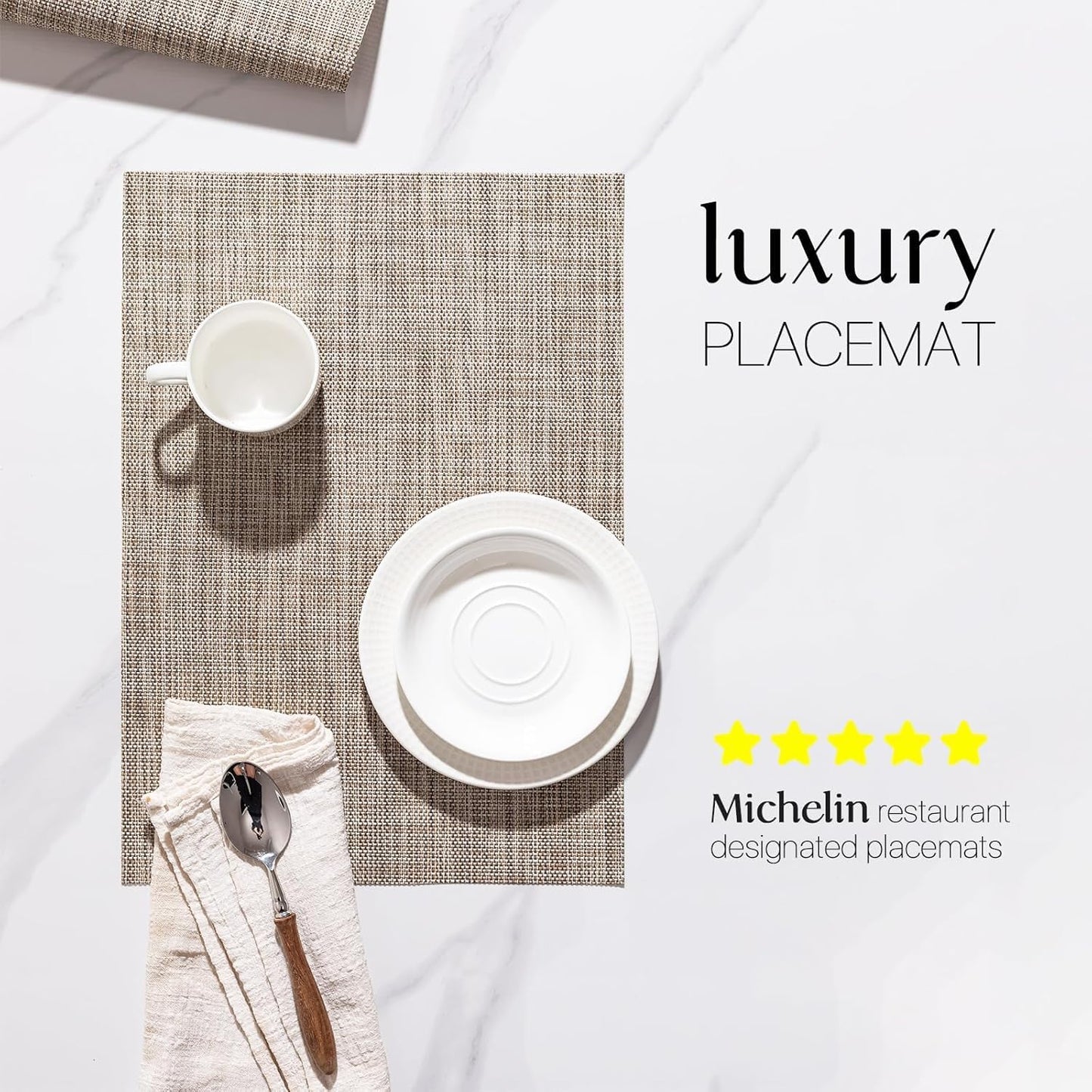 LEXMORE Placemats Set of 8 Vinyl/Plastic Woven Place Mats for Kitchen Table Indoor/Outdoor Washable Placemat Wipeable Dining Table Mats(A-Caramel)