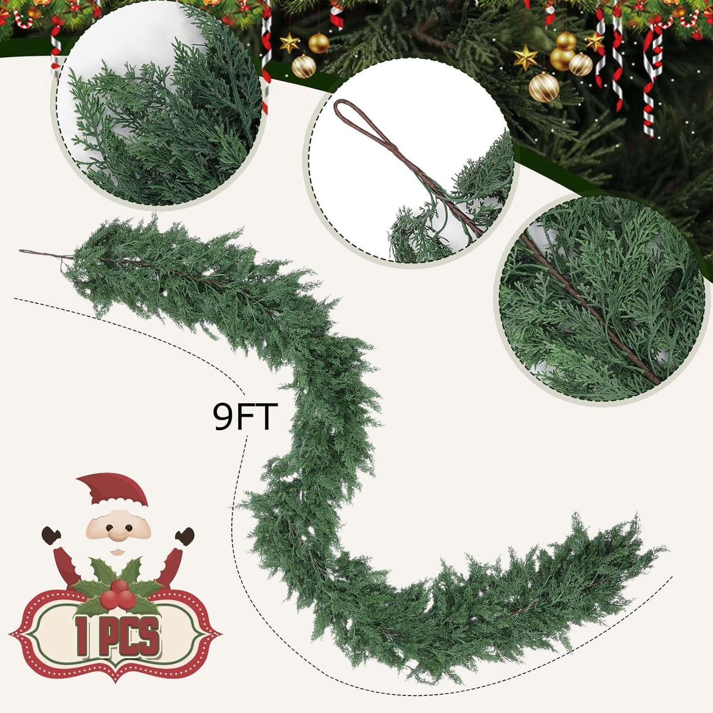 Hananona 9 FT Artificial Cedar Garlands, Real Touch Winter Cedar Pine Garland, Green Artificial Greenery Garland for Table, Mantle, Wall, Indoor, Outdoor Christmas Decorations (1, 9 FT)