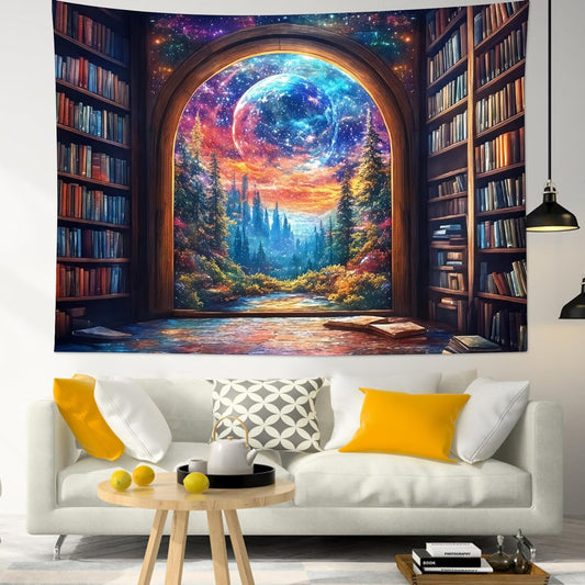 LB Fantasy Bookshelf Moon Tapestry, Trippy Tree and Vintage Library in Forest Wall Tapestry for Bedroom, Galaxy Cool Wall Art for Living Room Dorm Classroom Home Decor Ready to Hanging, 48 x 36 Inches