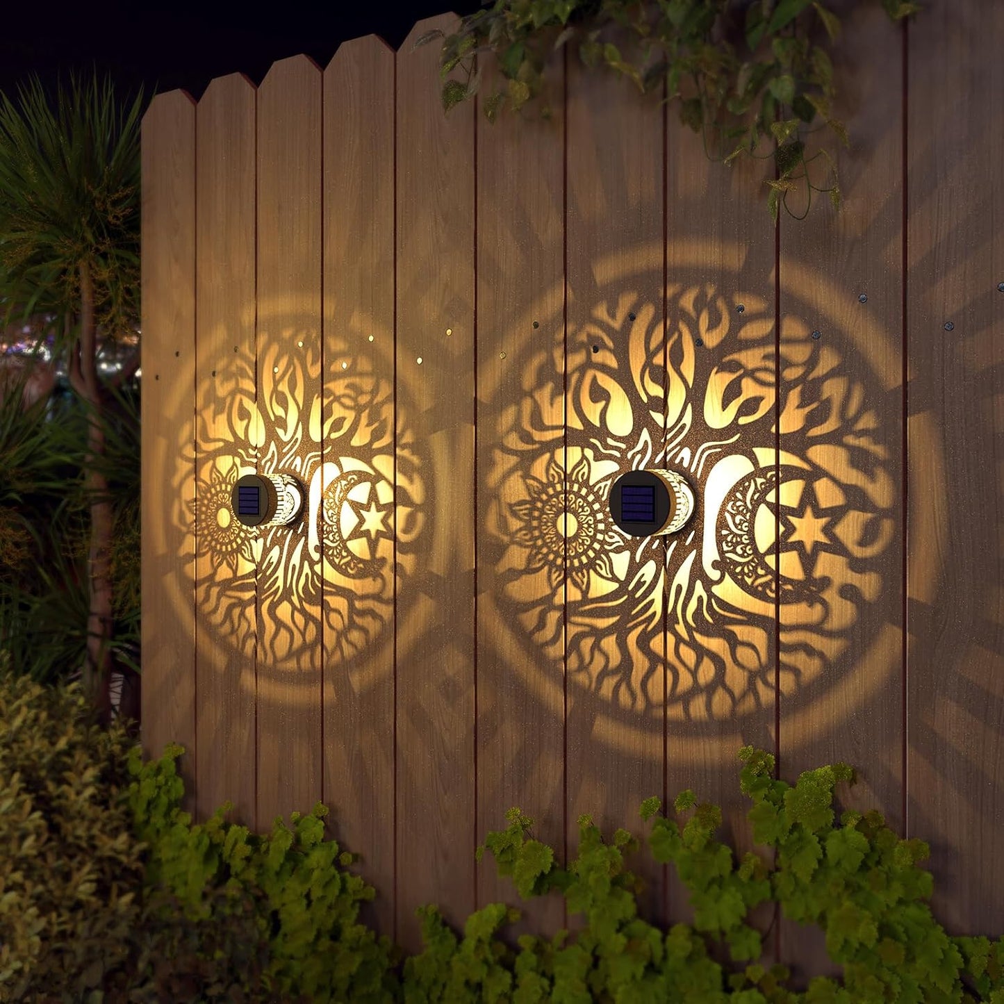 2 Pack Solar Fence Lights Metal Solar Powered Outdoor Wall Deck Step Lights Tree Theme Waterproof Fence Light for Garden Post Patio Backyard Yard Decor (Tree, 2 Pack)