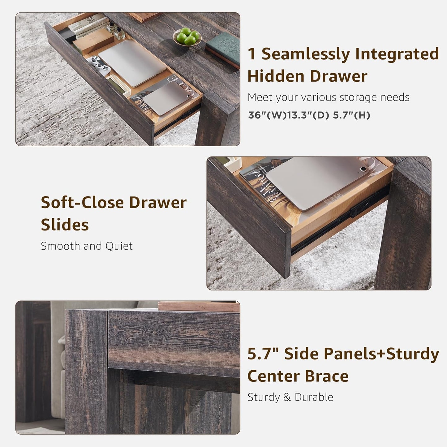 OKD 48" Modern Farmhouse Coffee Table, Wooden Living Room Table with Hidden Storage Drawer, Rustic Rectangular Center Tables w/Wood Thick Design for Living Room, Office, Dark Rustic Oak