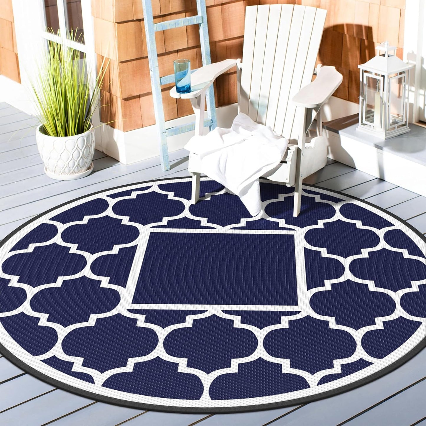 GENIMO 8' Round Outdoor Rug Waterproof for Patio Decor, Foldable Reversible Plastic Straw Area Rugs Mat for Rv, Outside Carpet for Camper, Deck, Picnic, Beach, Balcony, Camper, Blue & White