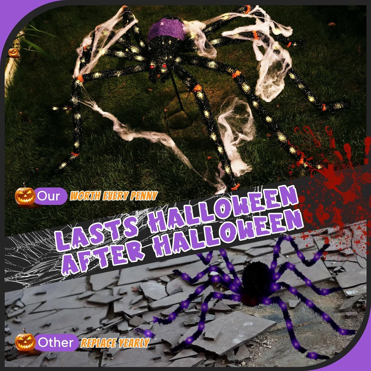 5.5FT Giant Spider Halloween Decorations with 100 LED, Plug-in Pre-Lit Light Up Scary Spider Halloween Decorations, Large Spider Decorations for Outdoor, Yard, Lawn, Exterior Walls