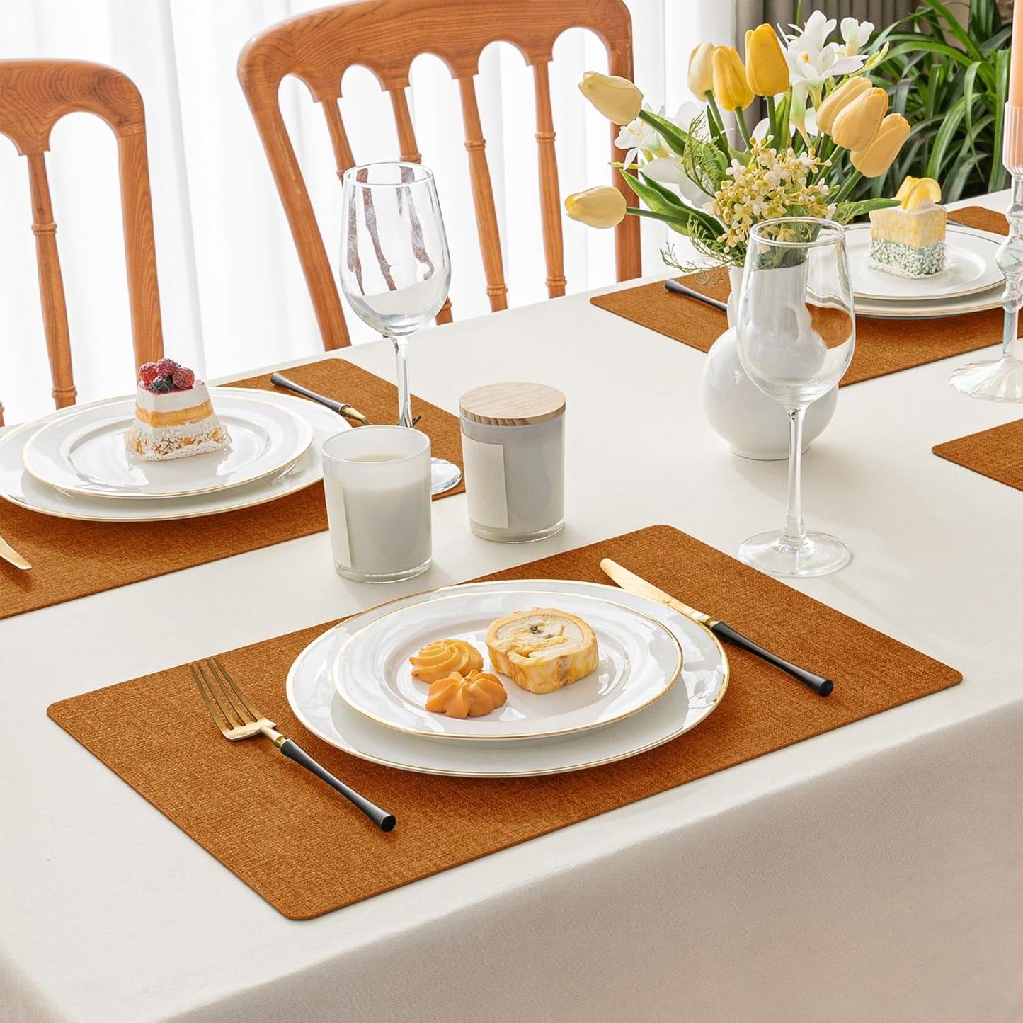 Romanstile Vinyl Placemats Set of 12-12 X 18 Inch - Heat Resistant Place Mats 100% Waterproof Oilproof Wipeable Reversible Faux Leather Table Mats for Kitchen/Dining/Party/Outdoor, Orange