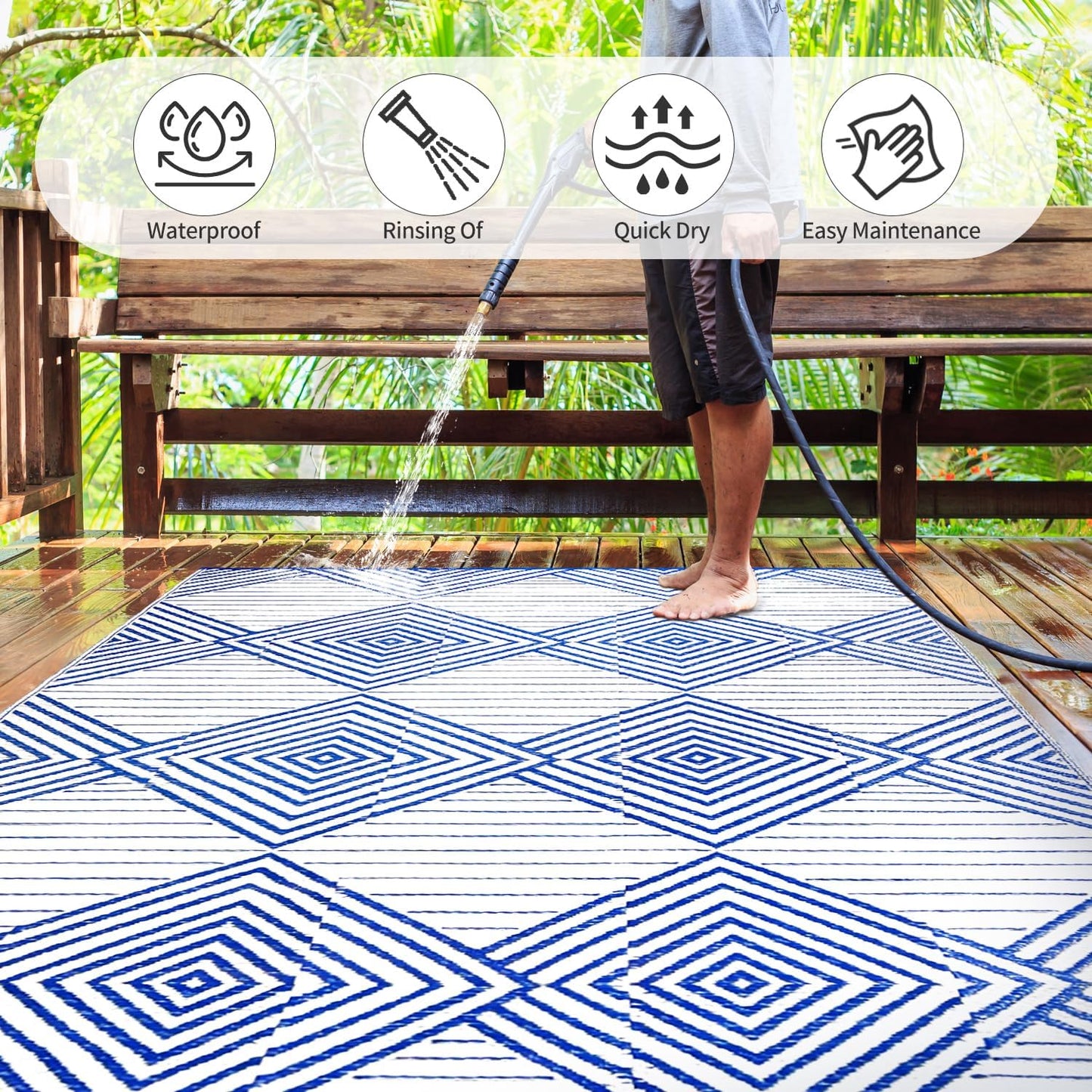 Waterproof Outdoor Rug 6x9ft, Foldable Reversible Plastic Straw Mat for Patio RV Deck Porch Backyard Balcony Camping Picnic Beach Indoor Outdoor Carpet, Blue&White