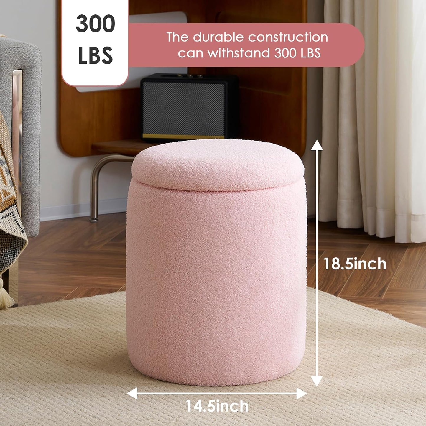 YFO Round Ottoman with Removable Lid Upholstered, Multifunctional Vanity Chairs for Makeup, Soft Footrest Stool Ottoman Foot Stool for Living Room, Bedroom, Boucle, Pink
