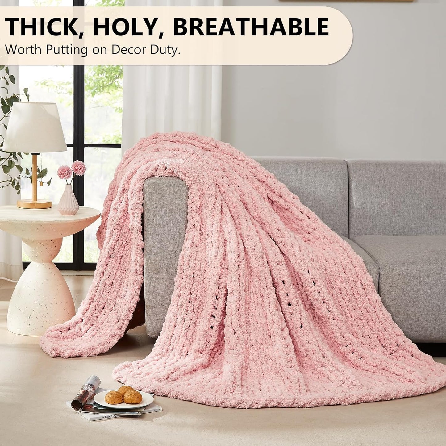 L'AGRATY Chunky Knit Blanket Throw - Soft Chenille Yarn Throw Blanket 40x50: Handmade Thick Knit Crochet Blanket - Large Chunky Rope Pink Throw Blanket for Couch Sofa Bed Home Decor