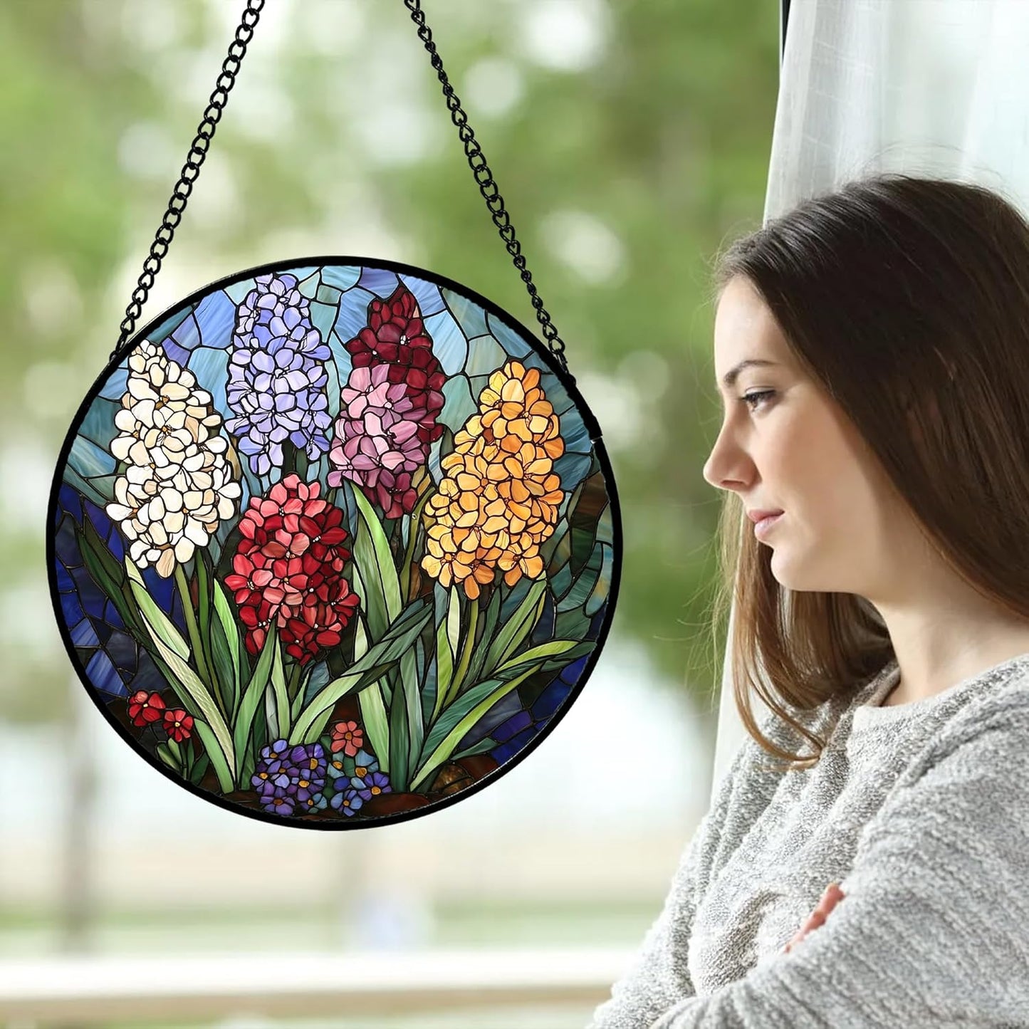 Stained Glass Window Hanging, Colorful Hyacinth Flowers Suncatcher for Doors Window Home Plant Sun Catchers Decoration Mother's Day Birthday Gifts for Women, Men, and Mom 15x15 in