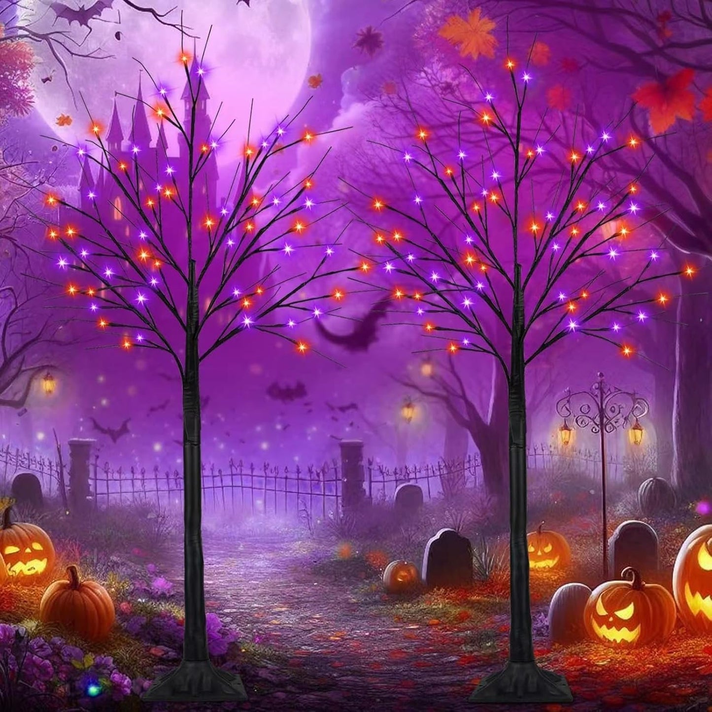 2Pack 5FT 200LED Black Halloween Tree Lights, Timer Function Lighted Black Trees with Purple and Orange Lights, Spooky Trees Light for Indoor Outdoor Halloween Decorations
