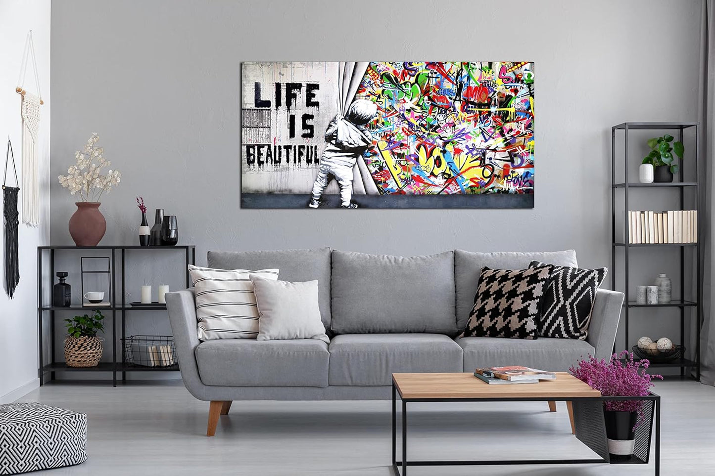 JKWALL77 Colorful Banksy Wall-Art - Graffiti Canvas Wall Art - Large Wall Decor For Living Room Ready To Hang Size 59" x 29"