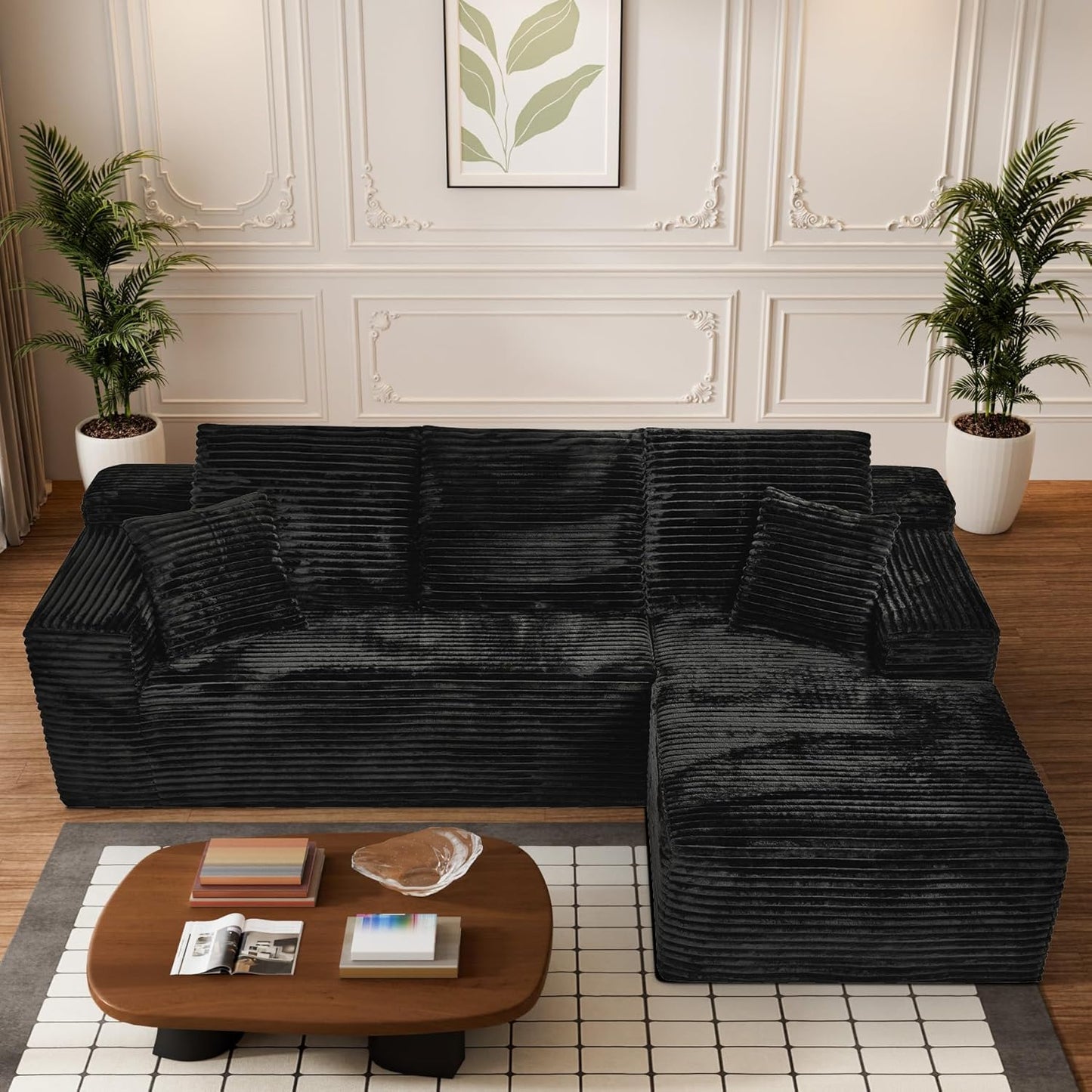 Modular Sectional Sofa Cloud Sectional Couch, 107" Comfy Fluffy L Shaped Black Couches for Living Room, Deep Seat Memory Foam Plush Corduroy Boneless Couch Sectionals with Right Facing Chaise Sofa