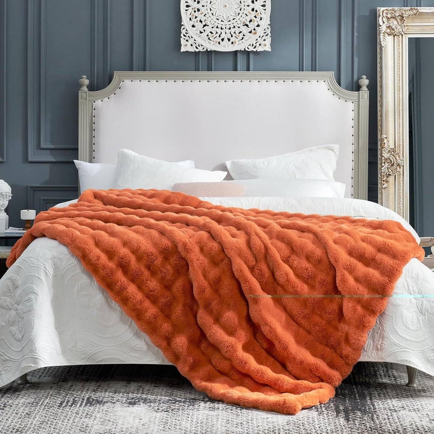 Cozy Bliss Faux Fur Throw Blanket for Couch, Fuzzy Soft Plush Thick Bubble Blanket for Sofa Bedroom Living Room, 60 * 80 Inches Burnt Orange