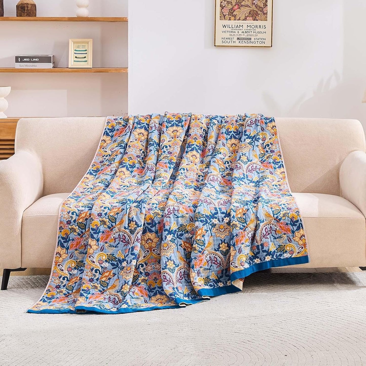 Boho Throw Blanket for Bed, 100% Cotton Soft Rustic Quilt Fall Blanket, 60"x80" Floral Printed Farmhouse Decor Bed Blankets, All Season Rustic Reversible Bohemian Throw Quilt