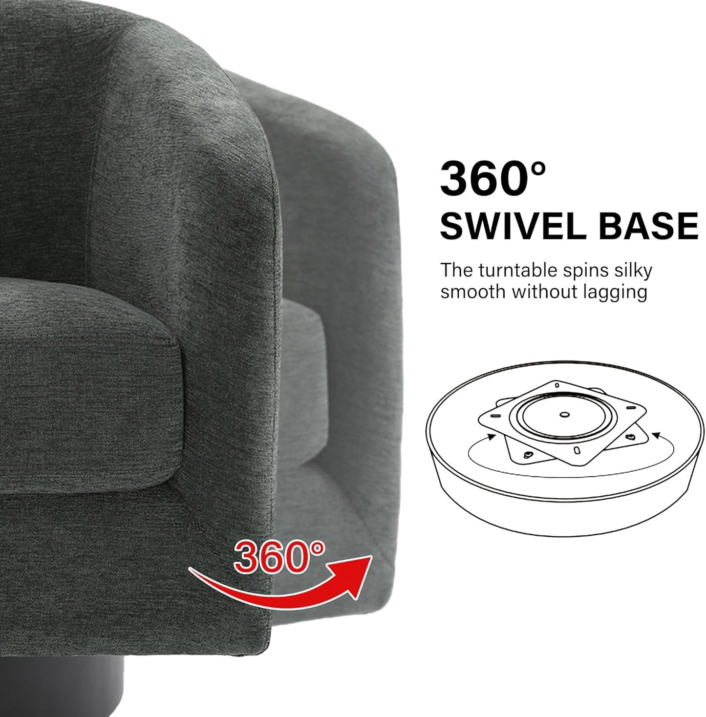 Swivel Barrel Accent Chair, Modern Round Chenille Fabric Arm Chair for Living Room, Bedroom, Comfy Club Reading Chairs for Adults（Chenille Fabric, Grey, Set of 1