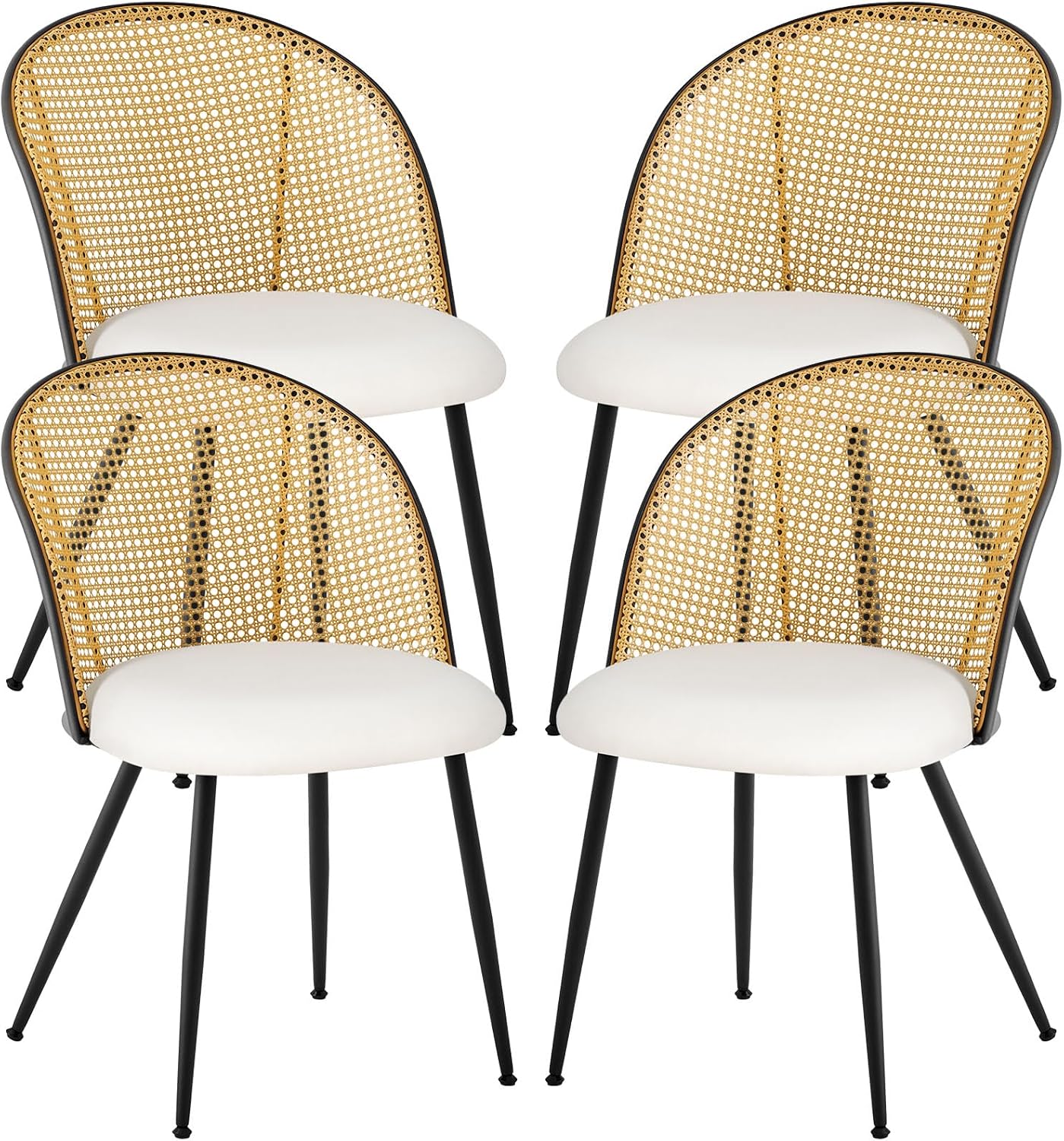 Dining Chairs Set of 4, Mid Century Modern Dining Room Chairs with Full Rattan Back, Faux Leather Kitchen Dining Chairs Farmhouse Armless Mesh Cane Back Side Chairs with Metal Legs, White
