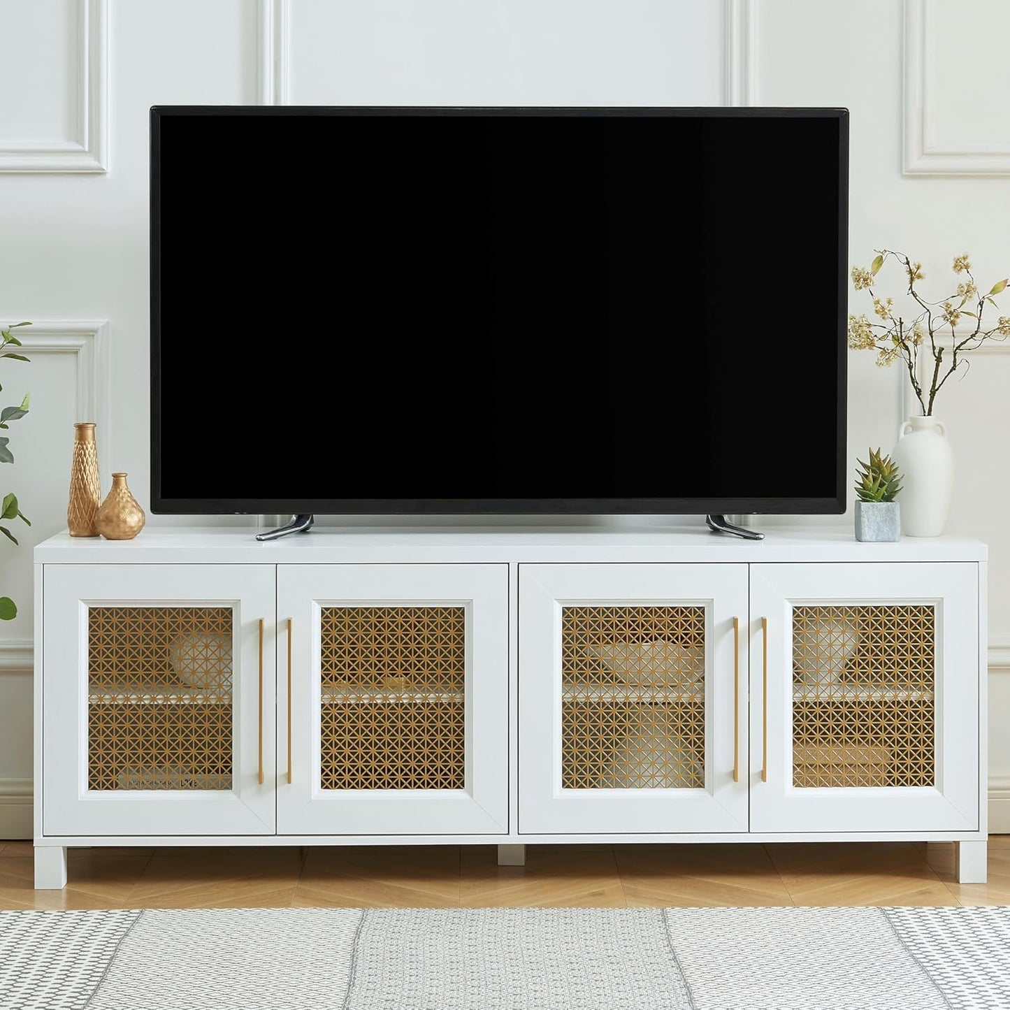 JYED Mid Century Modern TV Stand for TVs up to 75", 69.5" W White Entertainment Center with 4 Gold Metal Mesh Doors - Wood Grain MDF TV Console, Media Storage
