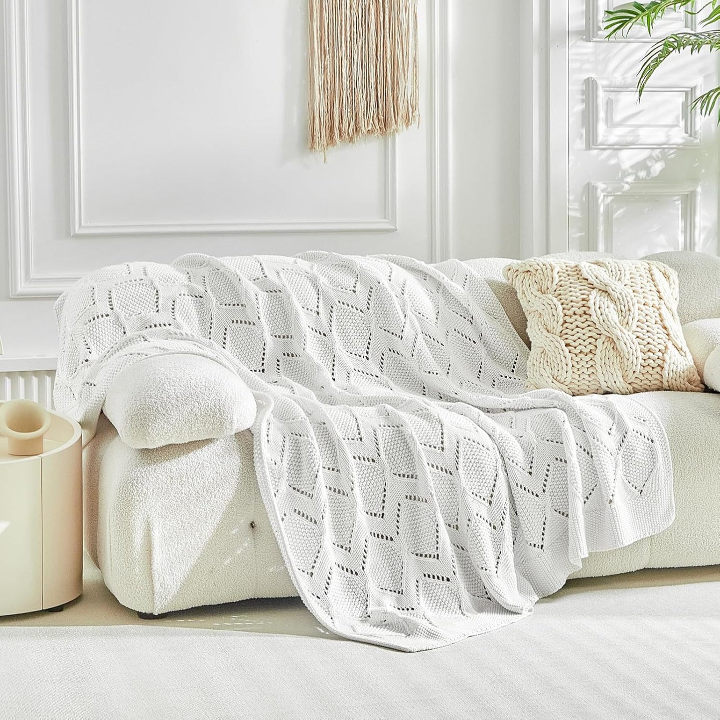 Longhui bedding Chunky Cotton Knit Throw Blanket for Couch, Sofa, Bed, or Chair, Decorative Breathable Fall Cable Knit Blanket 51 x 63 Inches, Medium Weight Cream