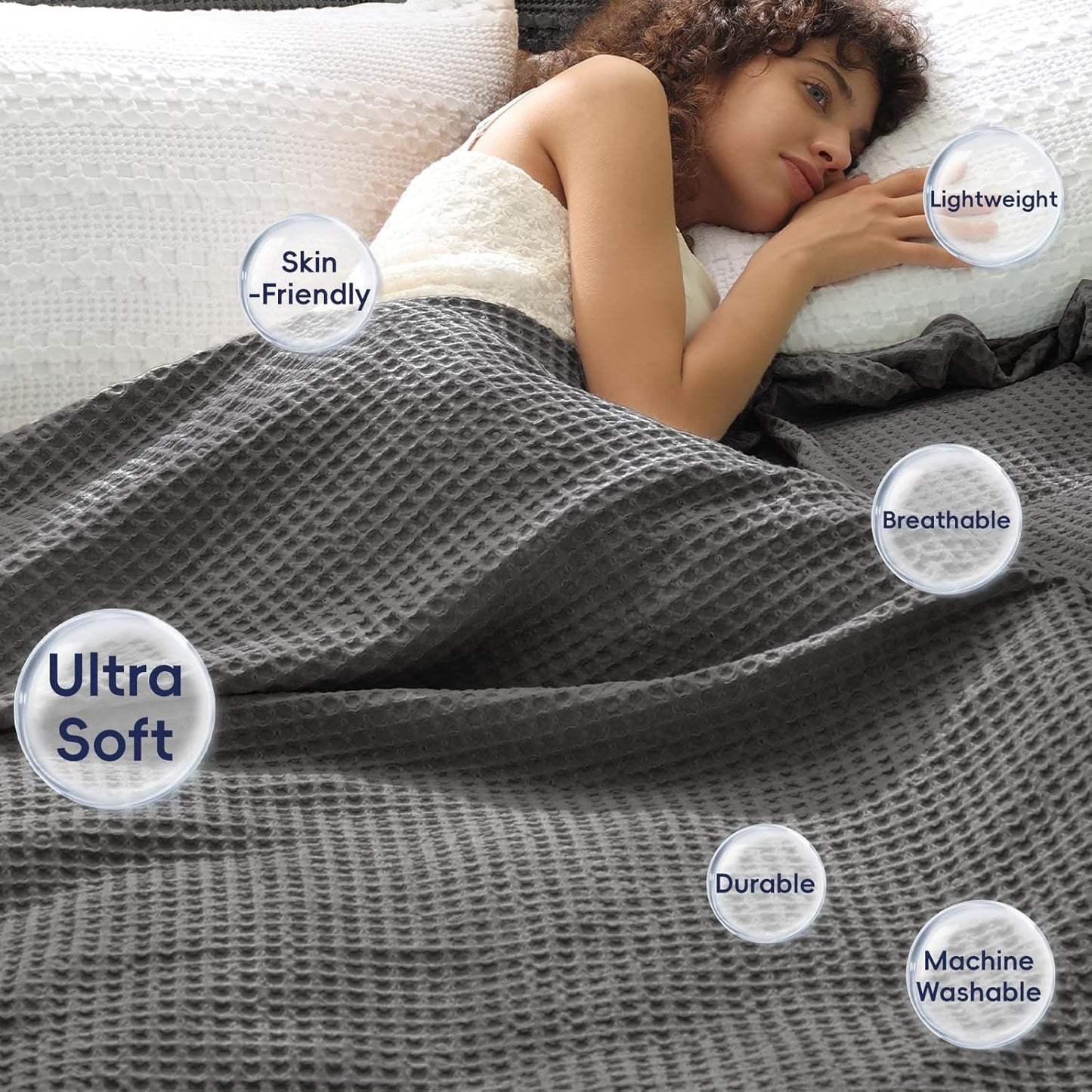 PHF Ultra Soft Waffle Weave Blanket Twin Size 66"x 90"- Washed Lightweight Breathable Cozy Woven Blanket for Bed - Aesthetic Decor for Couch Bedding Sofa Home Car - Grey