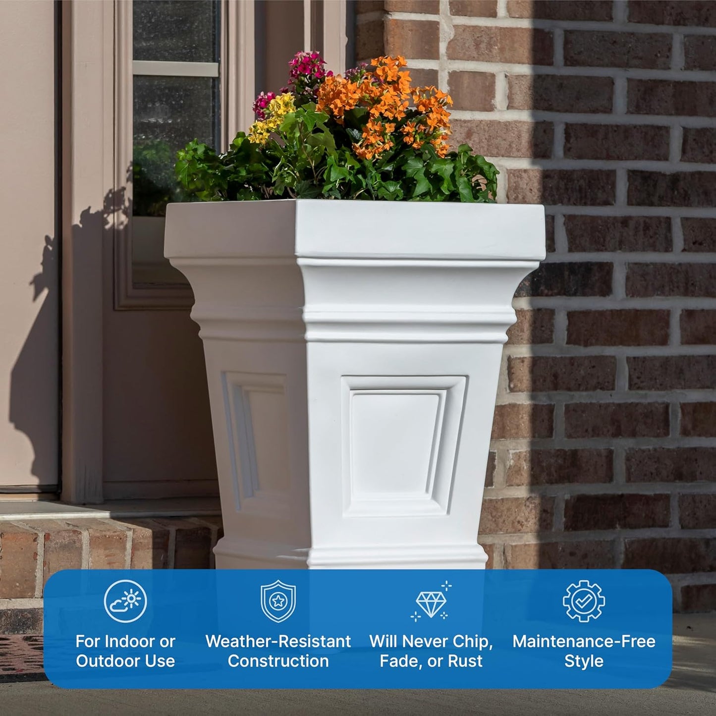 Step2 Atherton Square Planter, Large Planters for Outdoor Plants, Gardening and Flower Pot for Patio or Porch, Efficient Drainage, Durable Plastic, Classic White