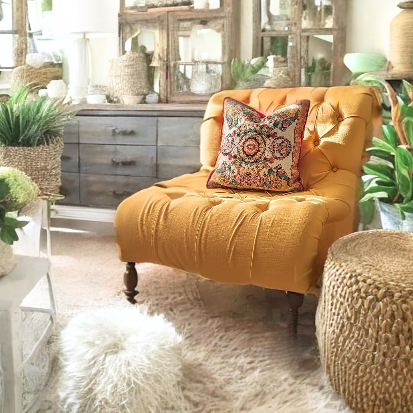 Tache Cushion Cover 18x18 Rococo Elegant Ornate Ivory Colorful Paisley Cotton Linen Tapestry Woven Decorative Throw Pillow Cover, 1 Piece