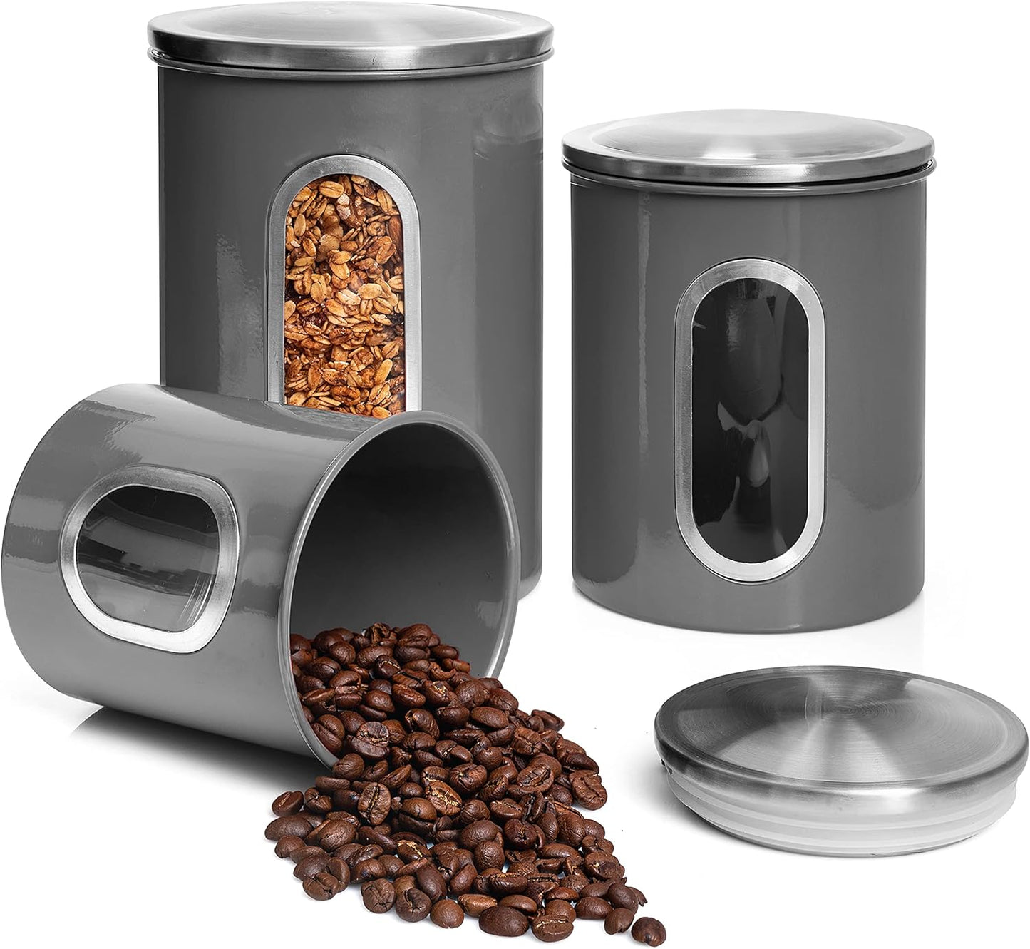 Moss & Stone 3-Piece Gray Canisters Sets For The Kitchen, Airtight Canister Set With See Through Window, Storage Jars for Coffee Container, Tea Organizer & Sugar Canister, Gray Kitchen Canisters